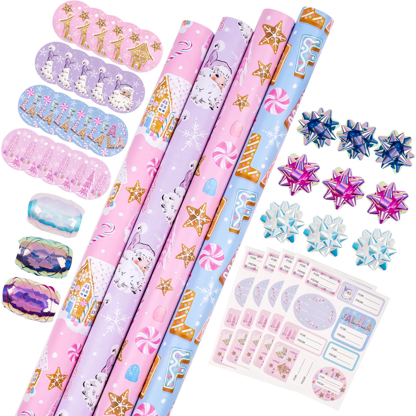 WRAPAHOLIC Weihnachts-Geschenkpapier-Set – Pastellrosa, Lila, Lebkuchenhaus und Weihnachtsmann, Geschenkpapier mit geprägtem Bündel mit Geschenkschleife & Band & Etikett & Aufkleber