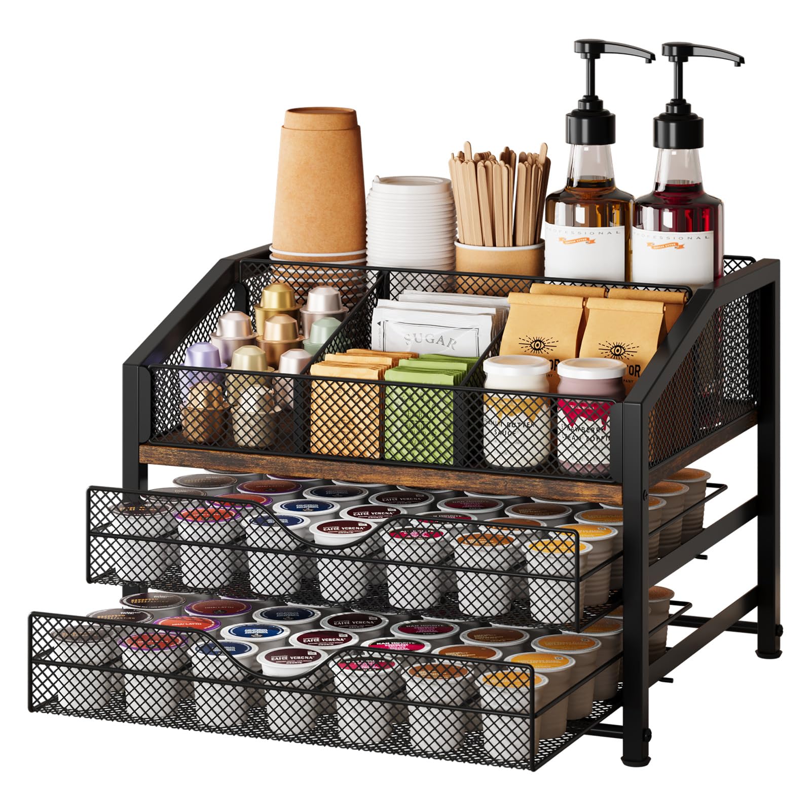 Homsorout Coffee Bar Organizer, Metal &amp; Wood Coffee Station Holds 84 K Cup