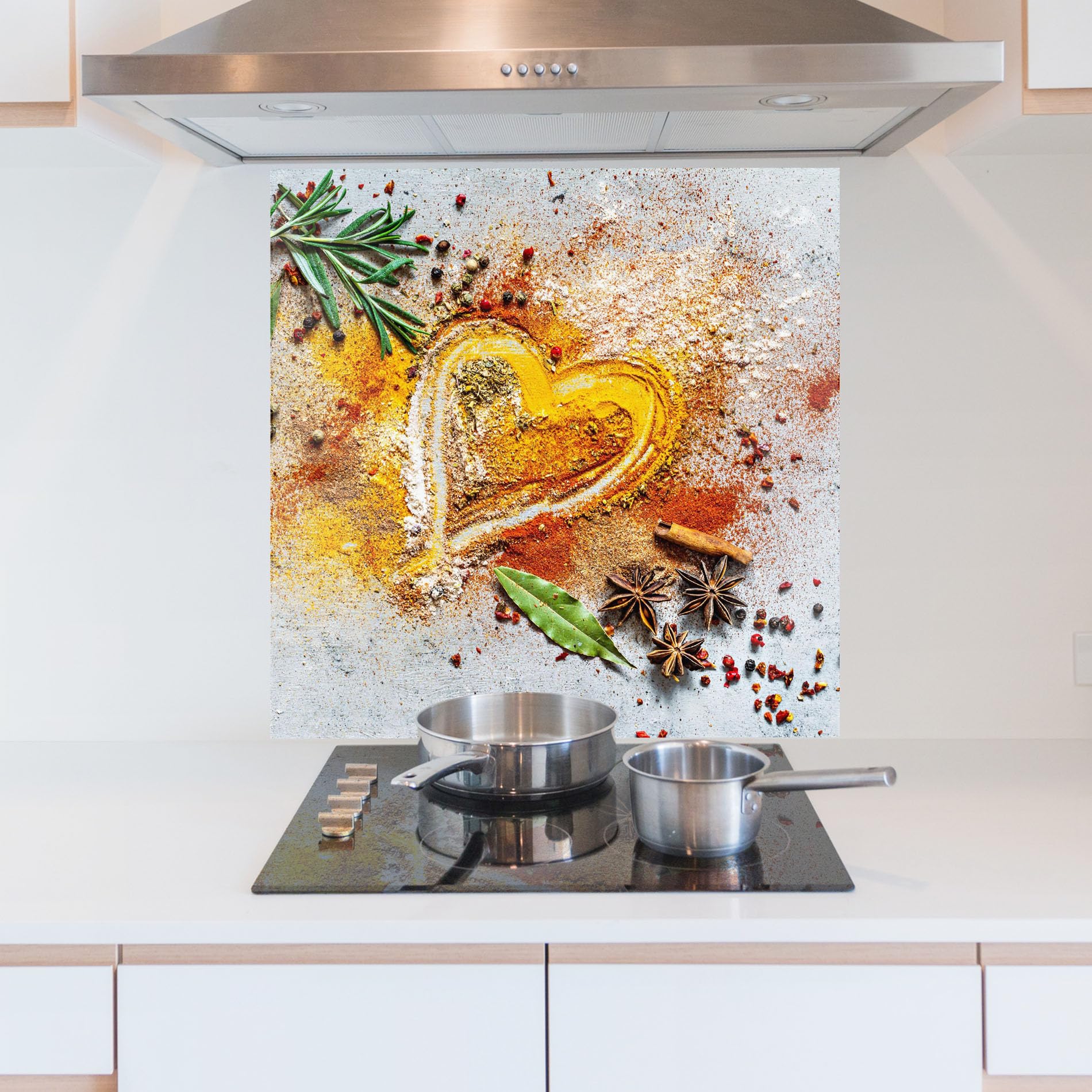 ARTHUB® Paraschizzi Cucina in Vetro temperato 60x60 cm, Heart Spice Powders | Protezione Contro Gli Schizzi, Protezione murale per fornelli, Vetro temperato, Alimenti, Spezie
