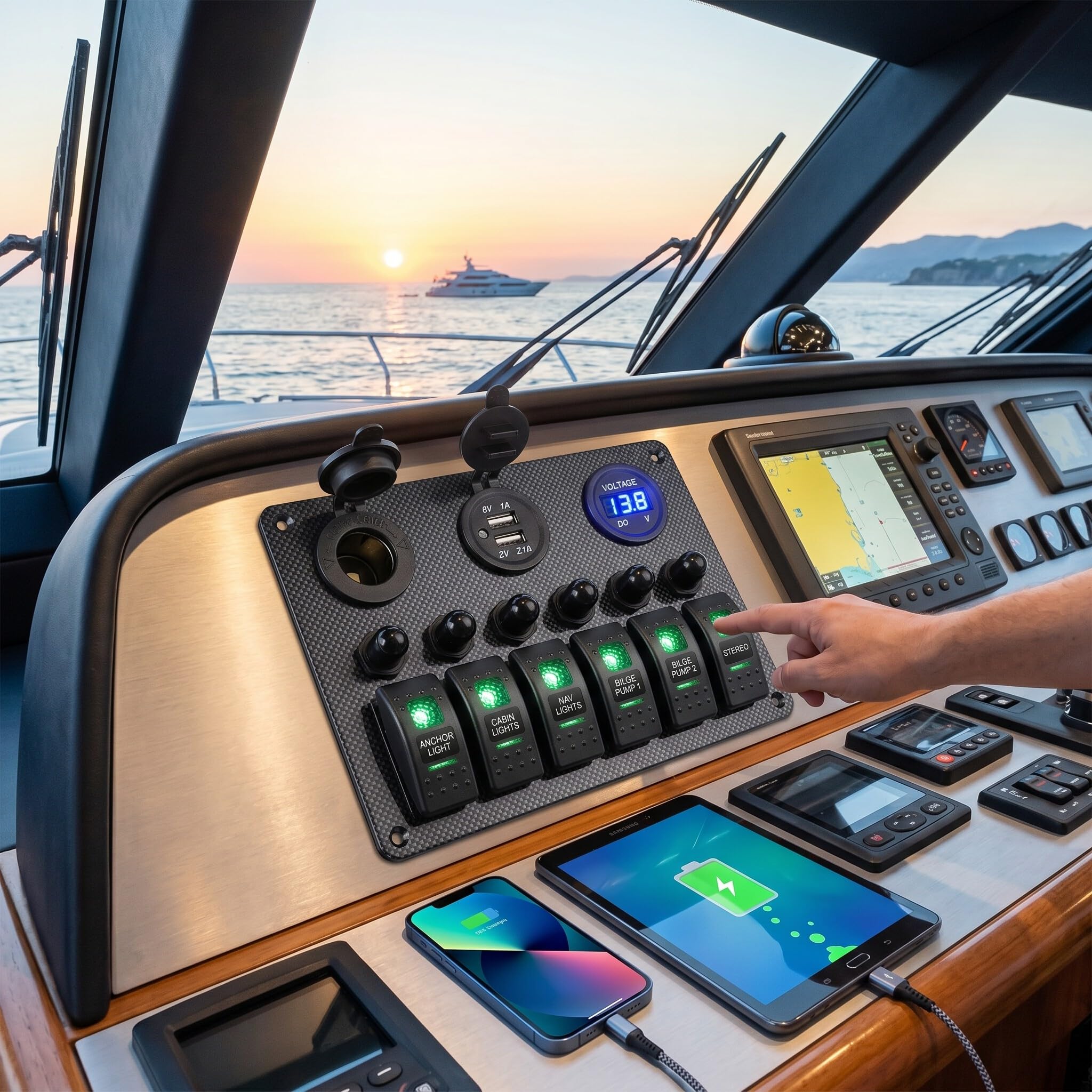 Pannello Interruttori a Bilanciere a 6 Gruppi, Interruttore a Levetta per Barche Marine Ignifugo, Protezione Sovraccarico, Facile Installare per Yacht, Auto, SUV