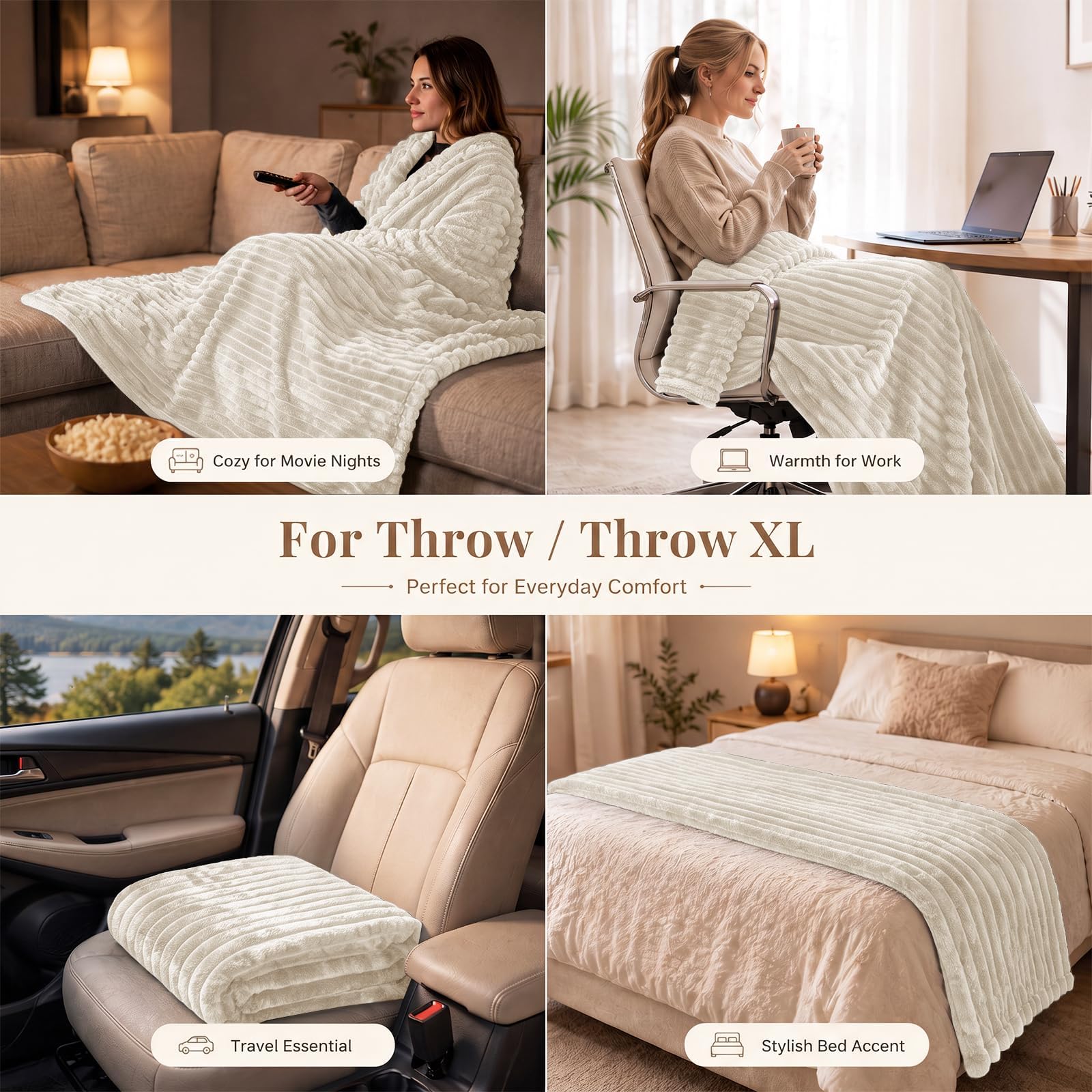 HIMEET Beige Throw Blanket for Couch, 300GSM Ribbed Fleece, 50 x 60 Inches view 4