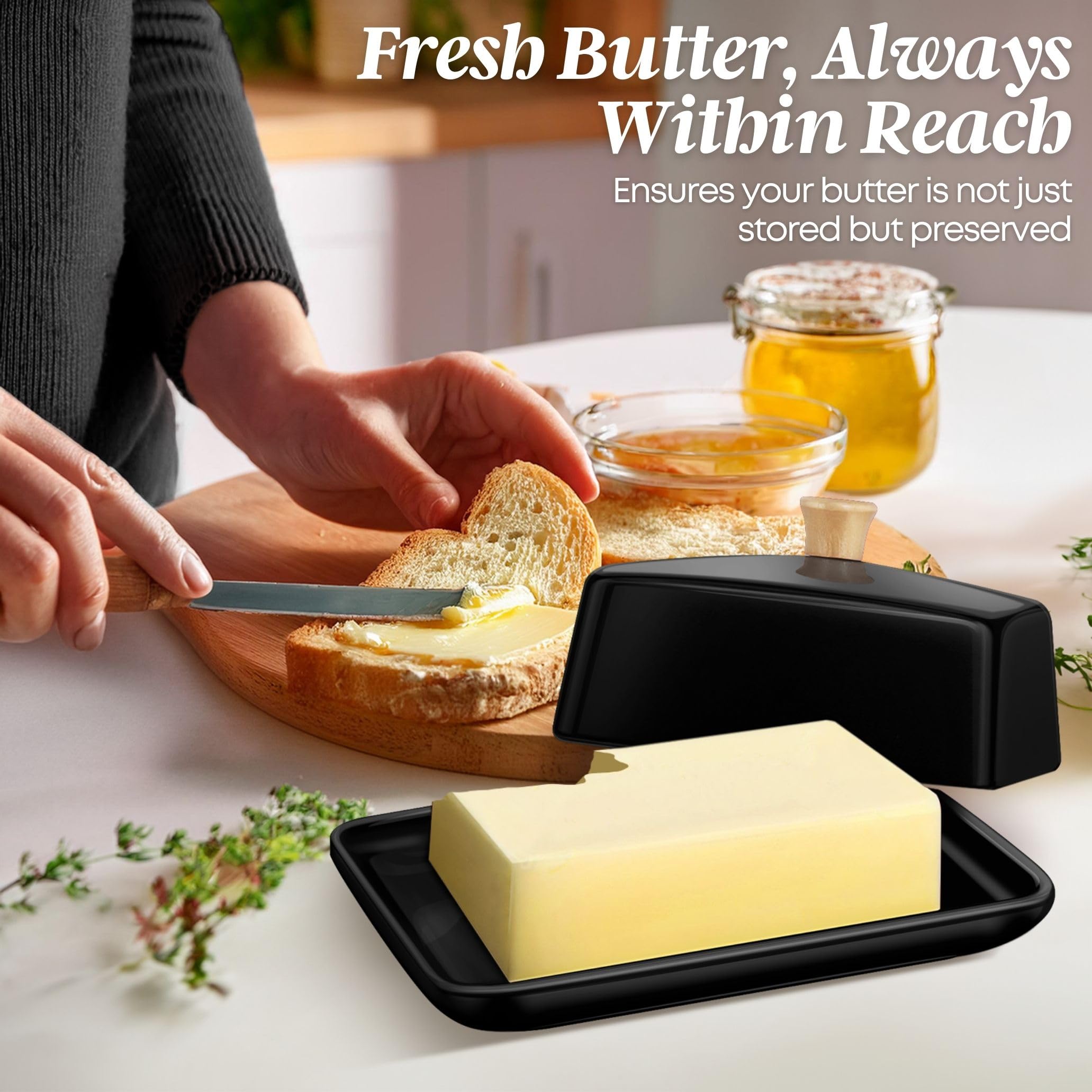 Flexzion Ceramic Black European Butter Dish with Lid for Countertop (7 Inch) - Image 2