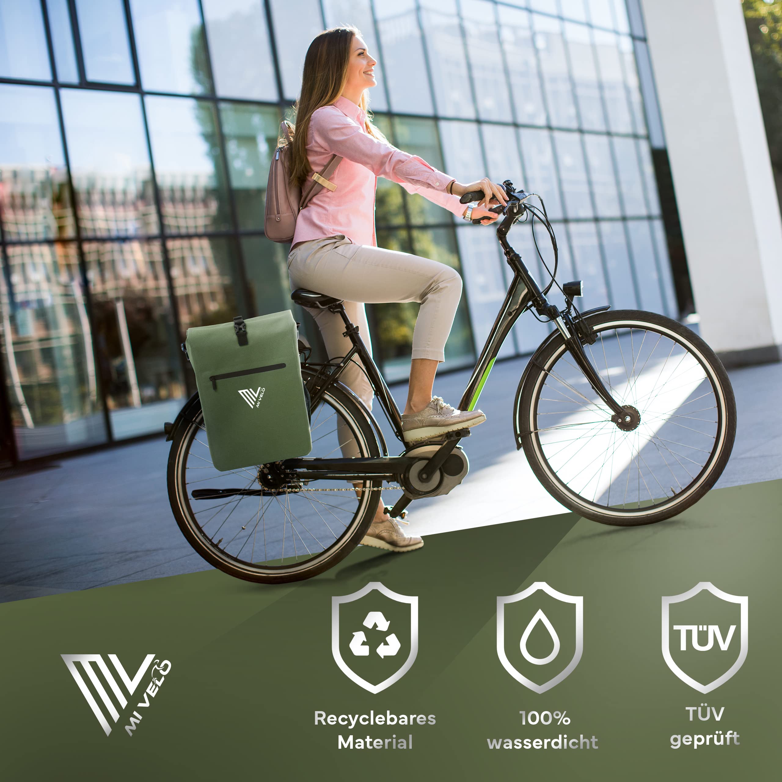 MIVELO Sacoche de vélo 3 en 1 pour Porte-Bagages, Sac à Dos, Sac à bandoulière, 100% étanche et sans PVC, avec Poche Amovible pour Ordinateur Portable, Vert Olive
