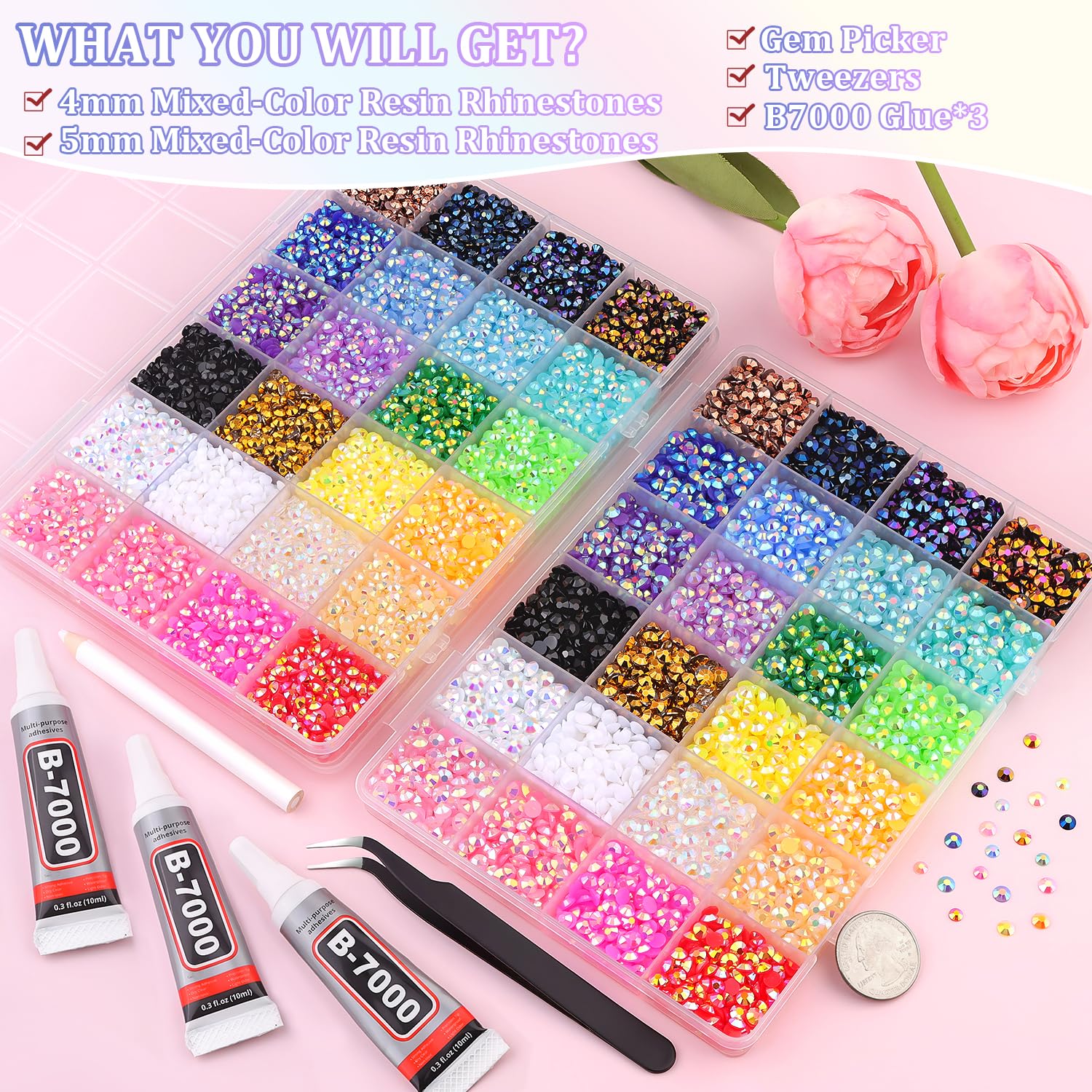 2 Boxes Jelly Rhinestones for Bedazzling, 24500Pcs 4mm&5mm Multicolor Flatback Resin Gems for Crafting, Bedazzler Kit with 3Pcs 10ml B7000 Jewelry Glue for DIY Crafts Tumblers Fabric Decor Nail Art