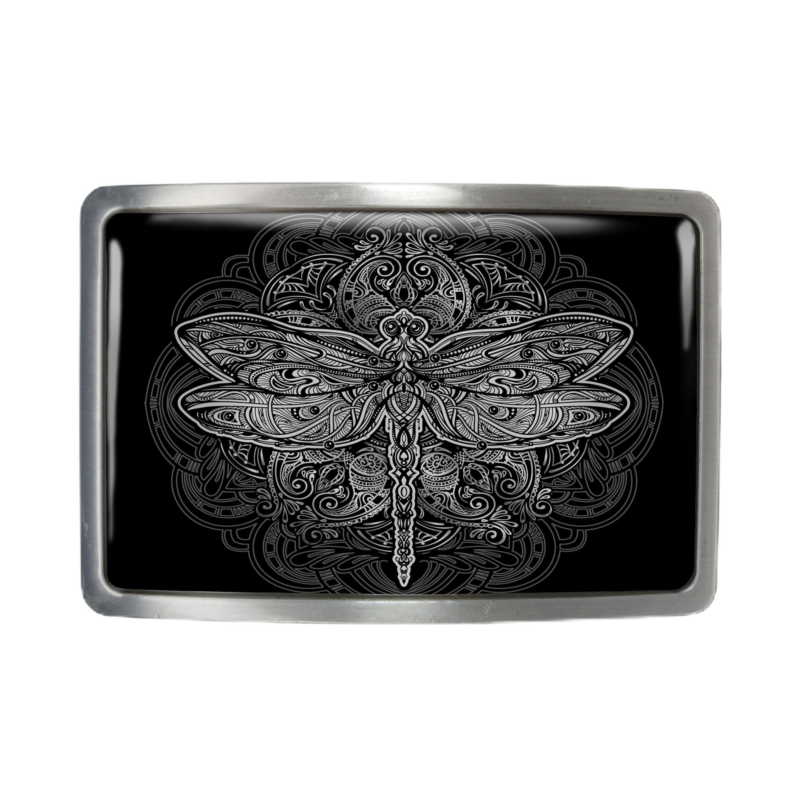 Dragonfly Belt Buckle - Ornate Art Nouveau Esoteric Mandala Rectangle Buckle - 32-2 (Antique Silver)