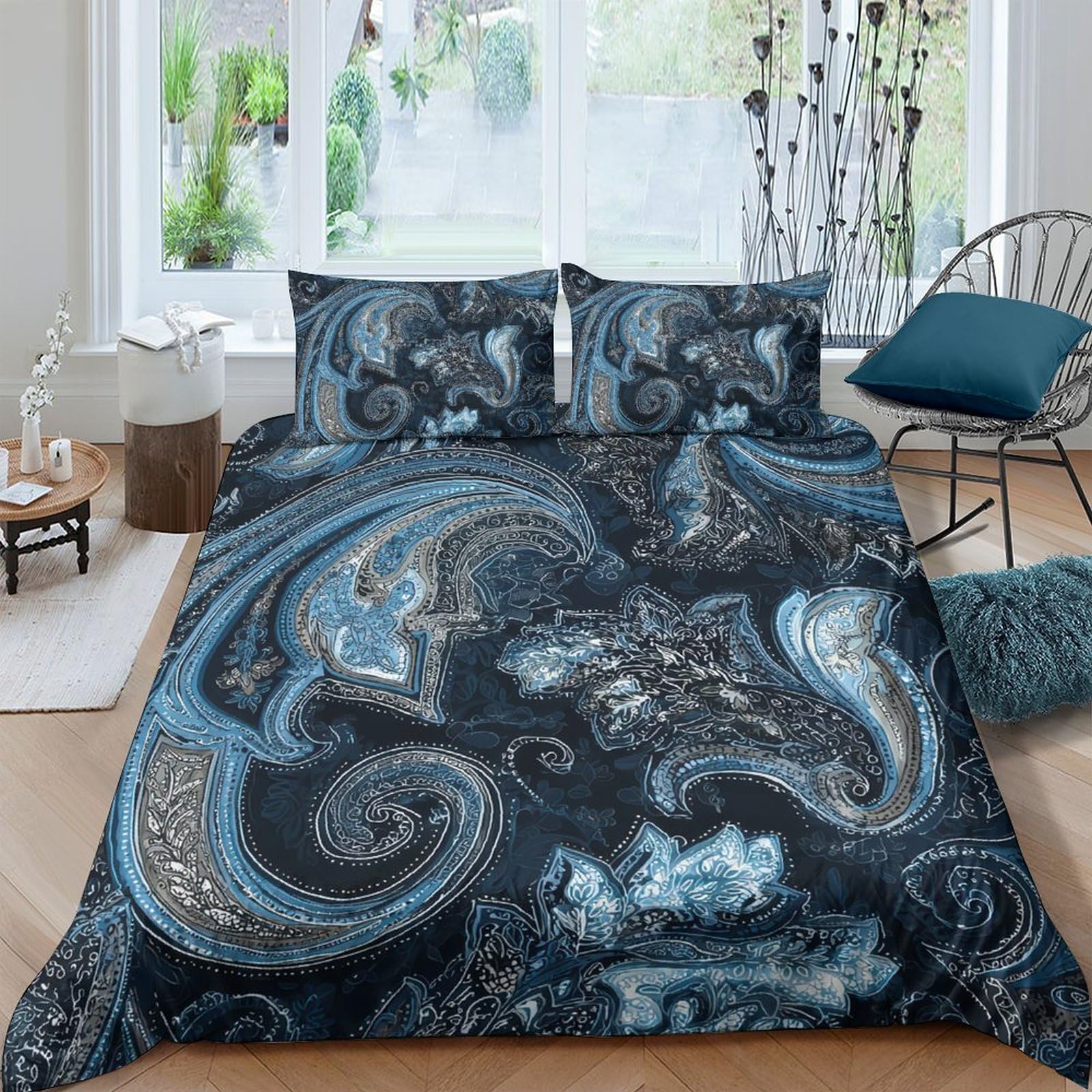 Ctjqhvkz Style-4 3D Printed Blue Paisley Fitted Sheet Microfiber Soft Dark Baroque Mattress Cover Non Slip Washable For Bedroom Home Decor Single（135X200cm）