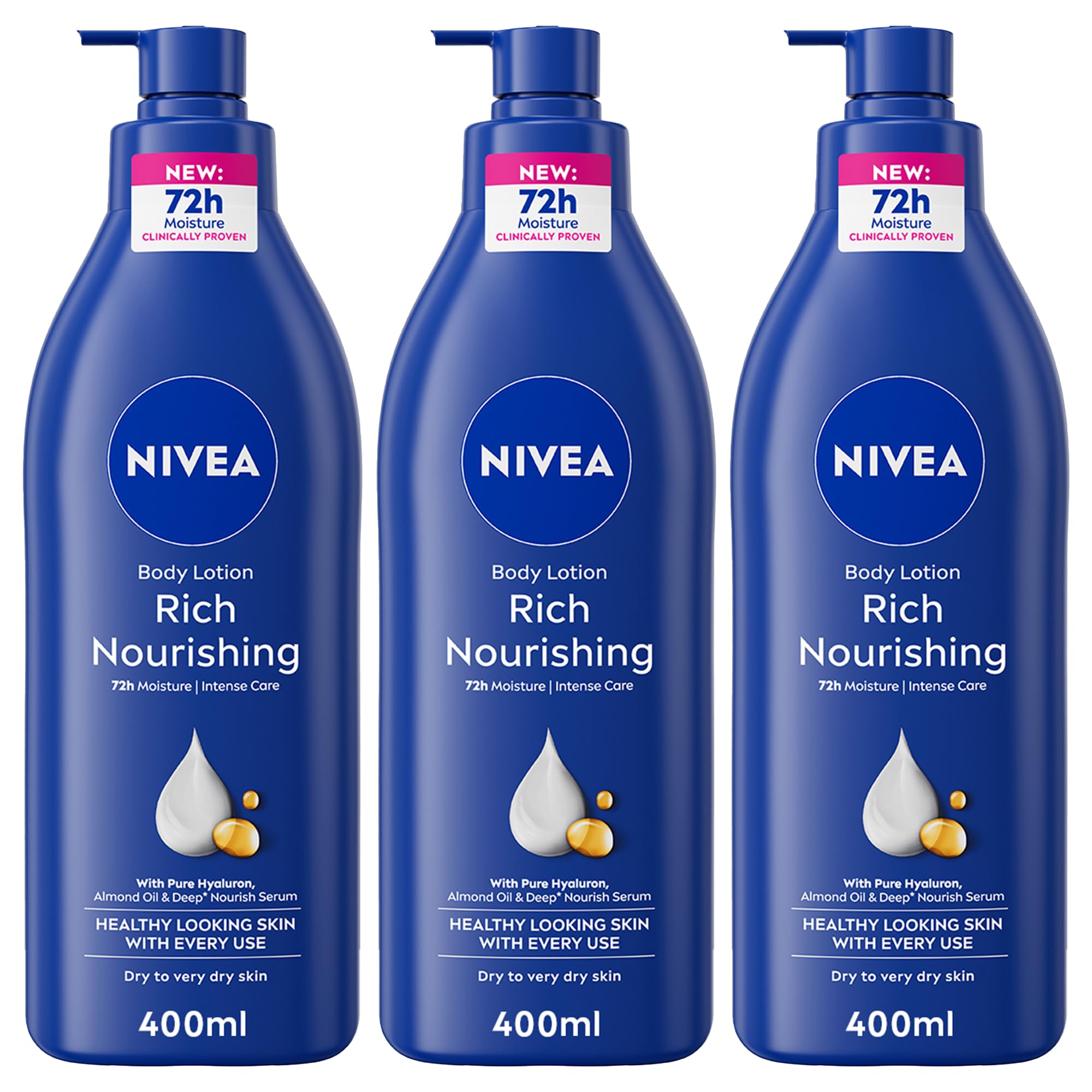 NIVEA Body Lotion for Dry to Very Dry Skin, Rich Nourishing, 5in1 Complete Care, 72H Intense Moisture, 3x400ml