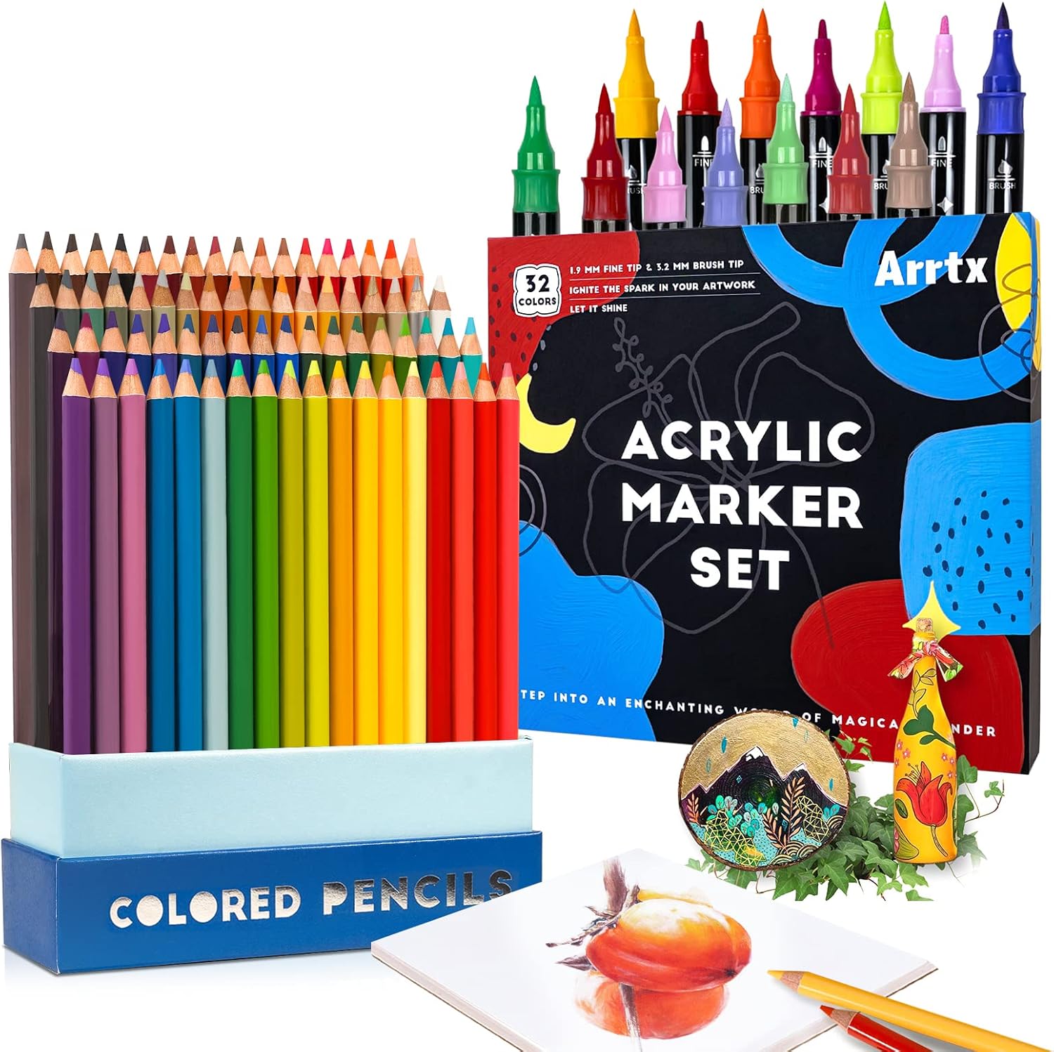 Arrtx Colored Pencils 72 Colors + Acrylic Paint Markers Set of 32 Colors for