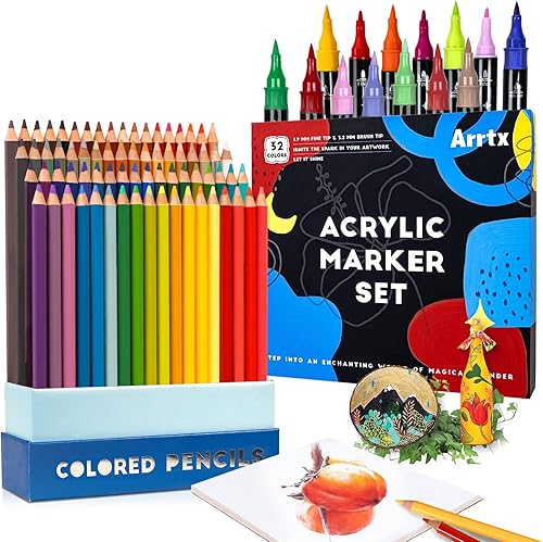 Arrtx Lápices de colores 72 colores + marcadores de pintura acrílica, juego de 32 colores para dibujo, bocetos, sombreado y libros para colorear