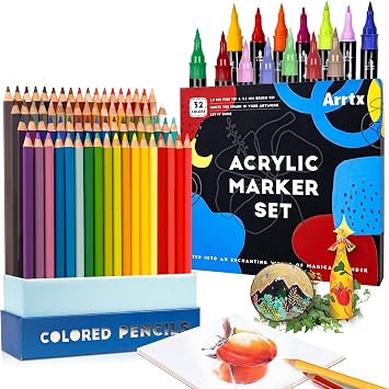 Arrtx Colored Pencils 72 Colors + Acrylic Paint Markers Set of 32 Colors for Drawing Sketching Shading and Coloring Books