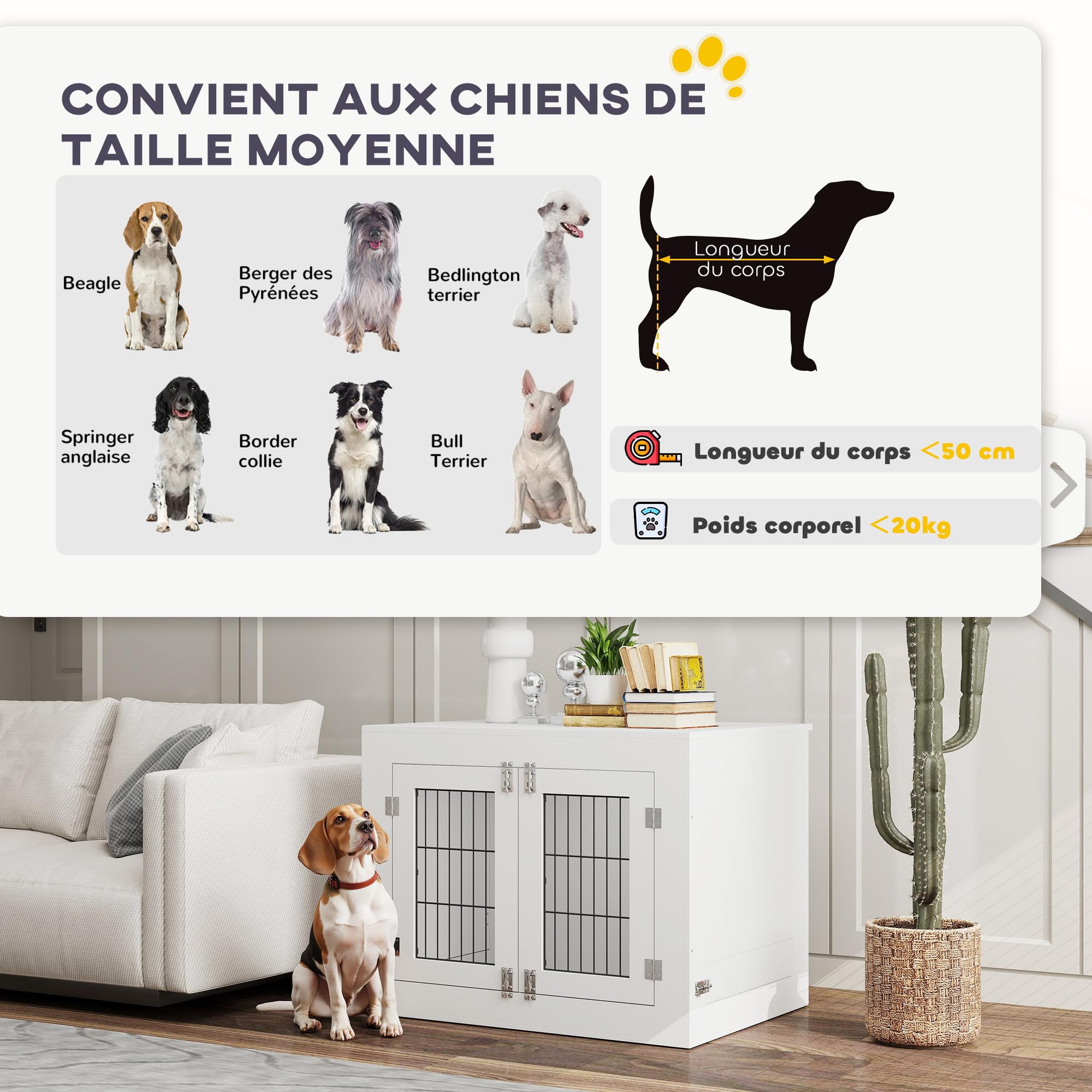 PawHut - Jaula para perro interior, caja para perro de madera, 2 cuencos giratorios 360°, 2 puertas, mesa auxiliar, tamaño mediano hasta 20 kg, 80 x 60 x 63 cm, color blanco
