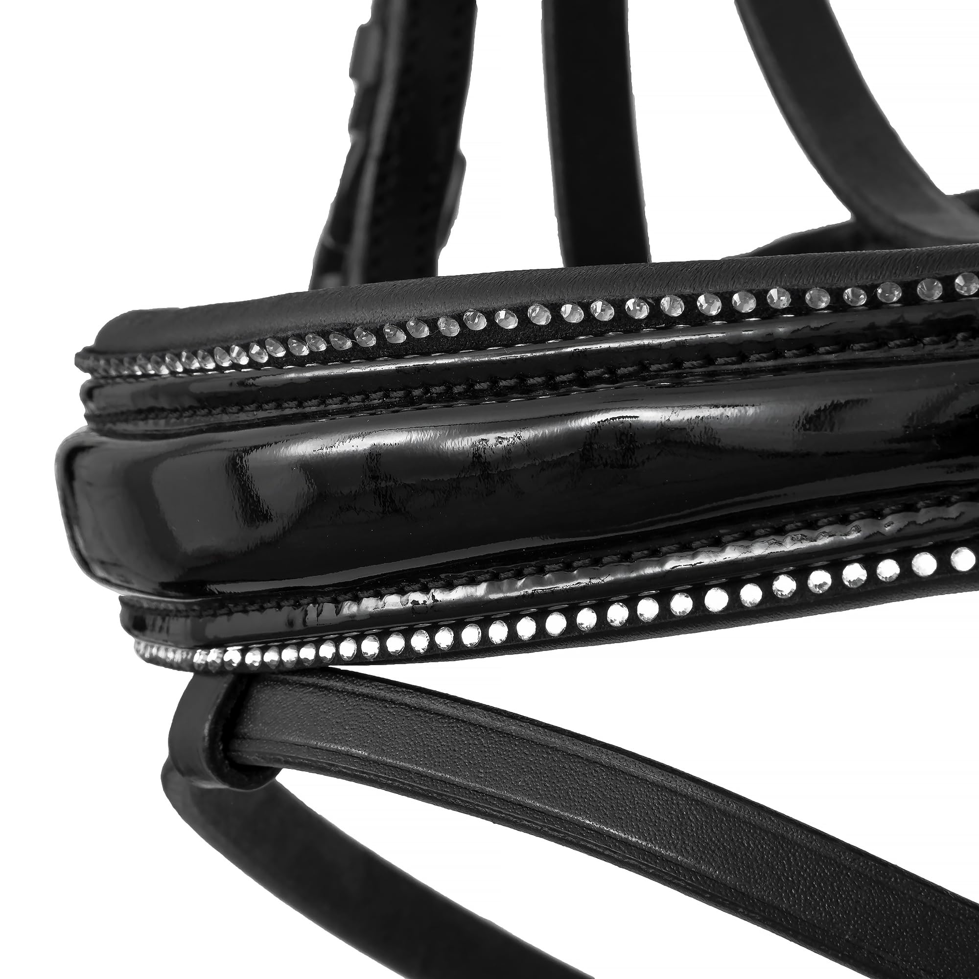 Ledertrense mit Kristallen Anatomisch gepolstert Komplettes Set inkl. Zügeln Elegantes Stirnband Komfort Pferd Schwarz Silber Full Warmblut