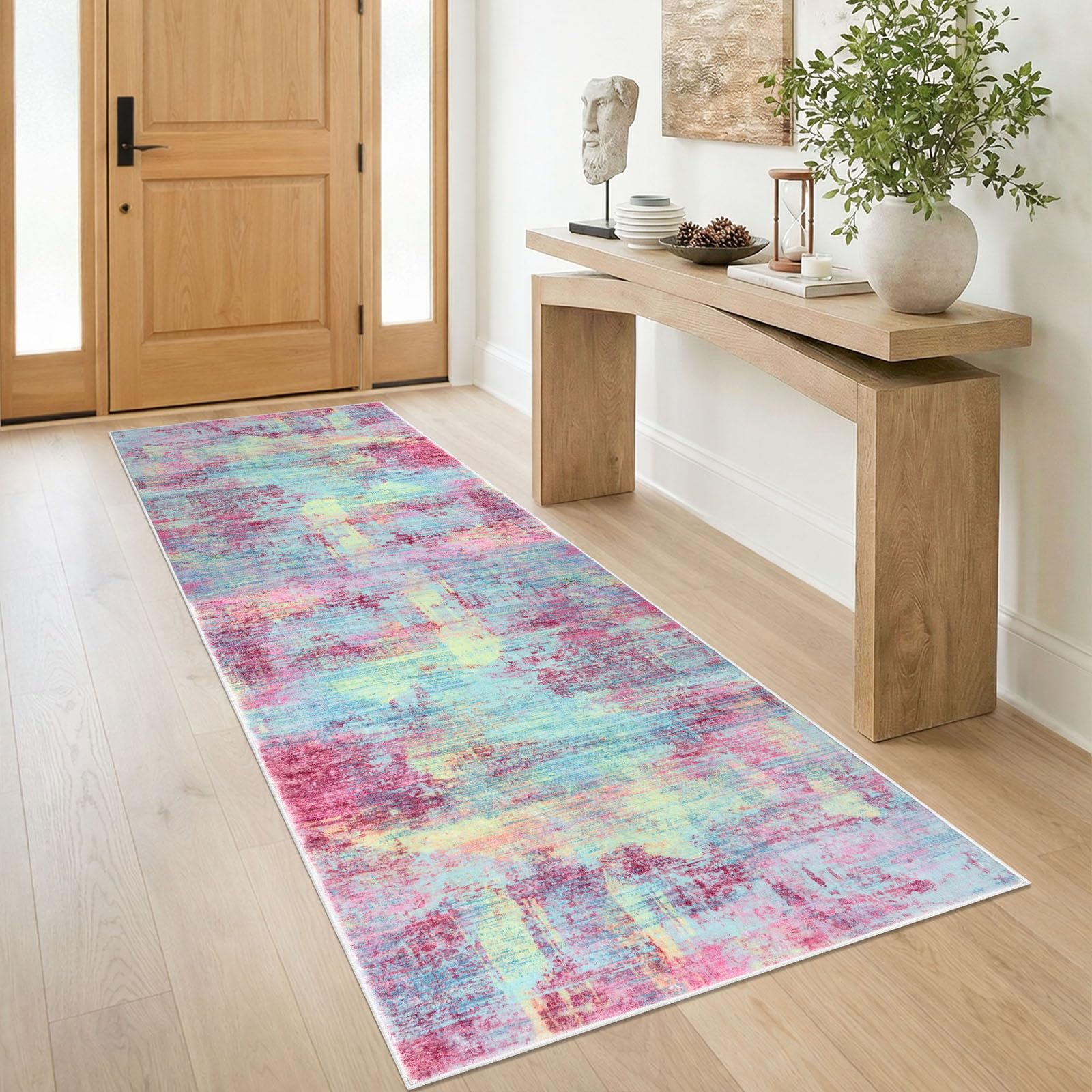 IOHOUZE Abstract Runner Rug 3x8 Ft Washable Runners for Hallways, Non Slip Kitchen Runner Printed Faux Wool Entryway Runner Indoor, Modern Abstract