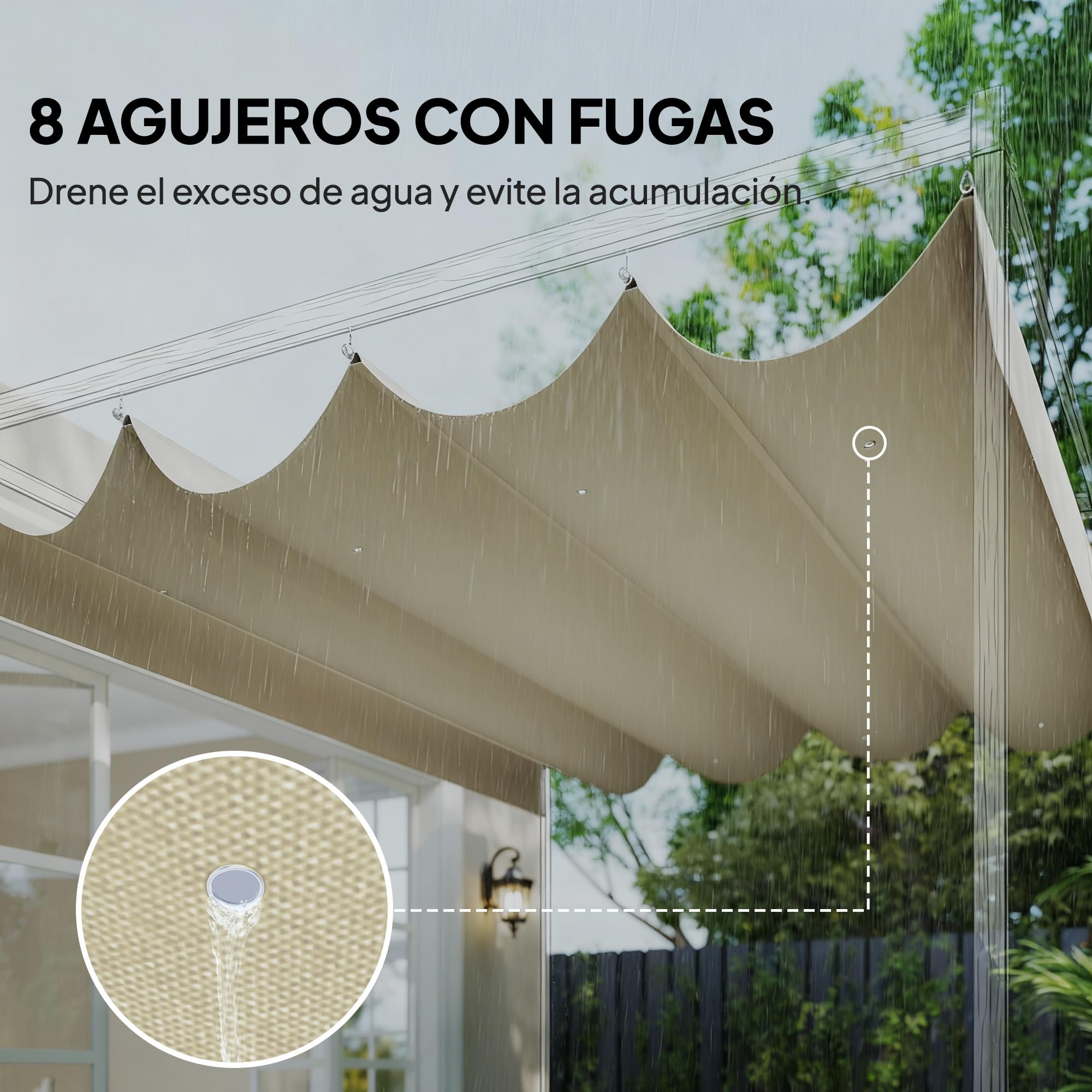 Outsunny Techo de Pérgola 4 x 3,5 m, Techo de Repuesto Retráctil para Marco de Pérgola de 4x3 m, UV30+, Toldo de Tela Solo para Cenador Jardín con 8 Orificios de Drenaje, Blanco Crema - 5