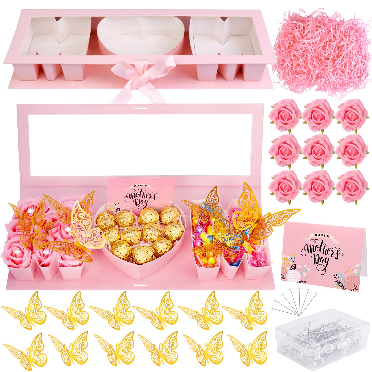 QAUYETM Empty Flower Gift Box for Mom Thicker Letter Shaped Fillable Gift Box with 10 Flowers 50 Bouquet Pins 12 Gold Decor Butterfly Raffia Paper Shreds A Card for DIY Mother's Day Birthday