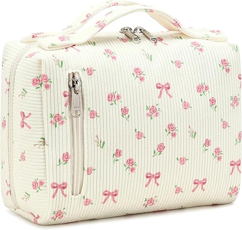 Vista 21 de Bluboon Bolsa de maquillaje con cremallera, bolsa de viaje portátil para cosméticos para mujeres y niñas, Florete amarillo de pana