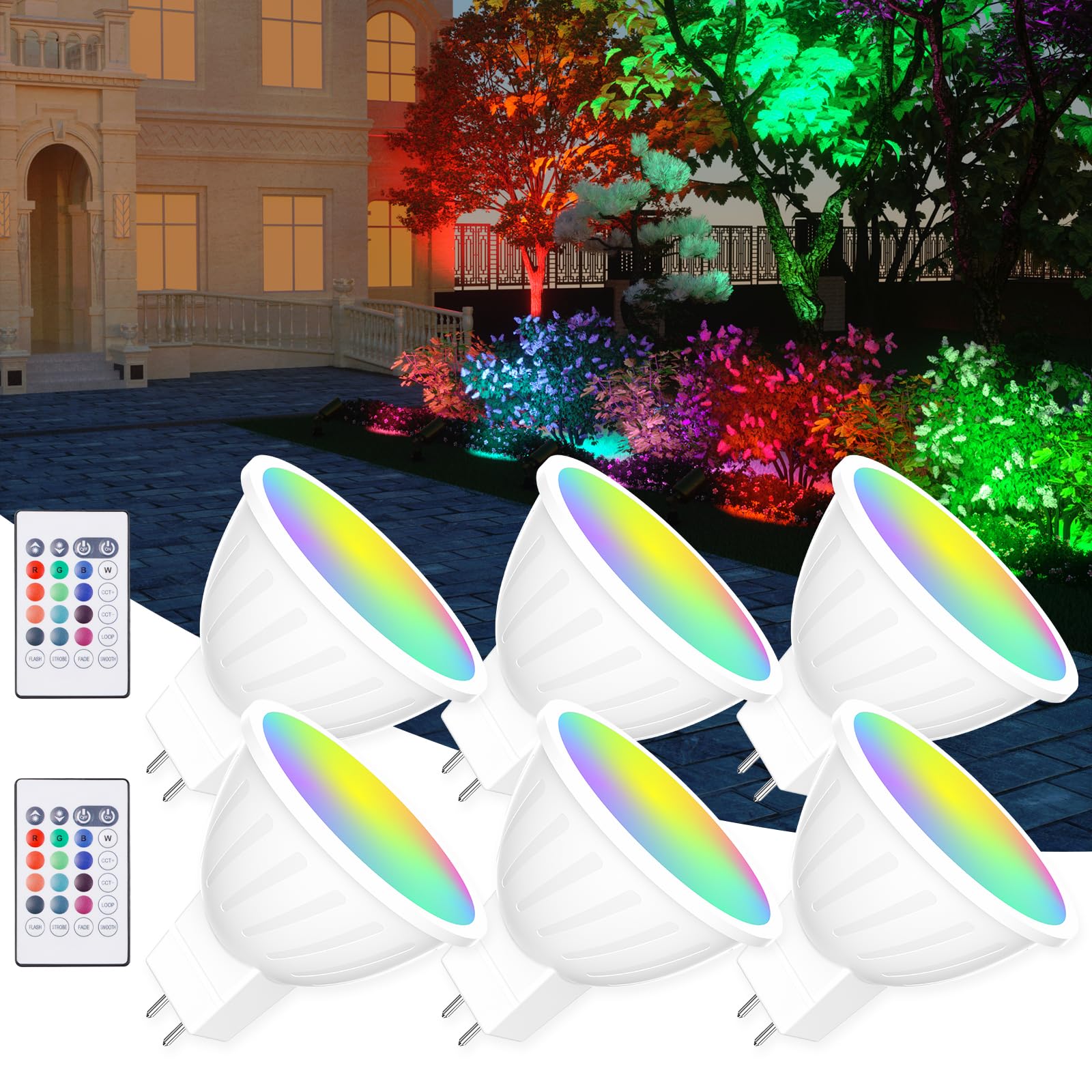 Cheopha Lot de 6 ampoules LED MR16 à changement de couleur avec cycle de décoloration exclusif (12 RVB + 2700 K-6500 K), ampoules LED MR16 12 V 5 W RVB MR16 pour Noël, Nouvel An, éclairage paysager