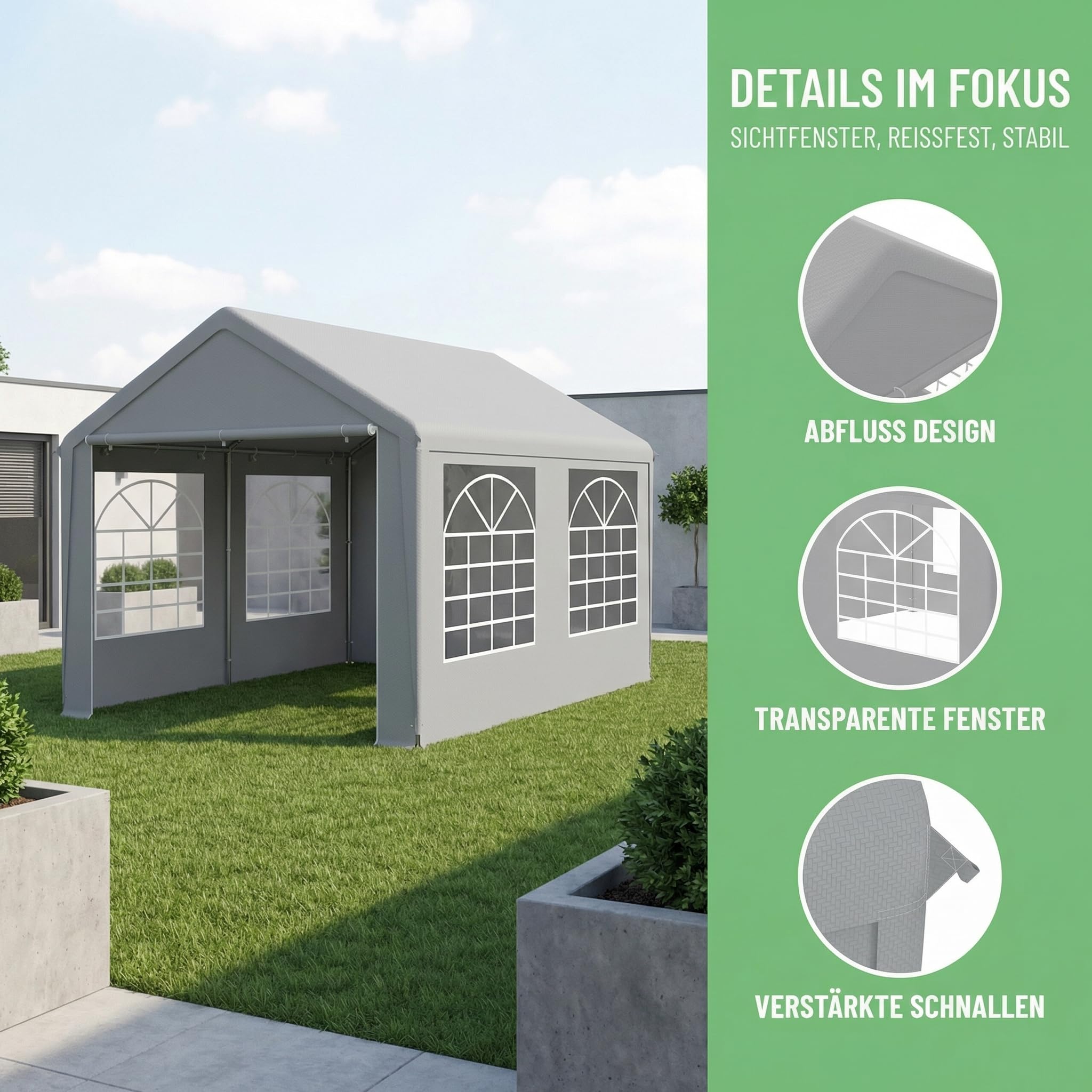 Partyzelt 4x8 m Wasserdicht UV-Schutz, Stabiler Garten Pavillon mit Seitenteilen und Fenstern, Winterfest PE-Plane Festzelt für Hochzeit Feier Außenbereich Grau