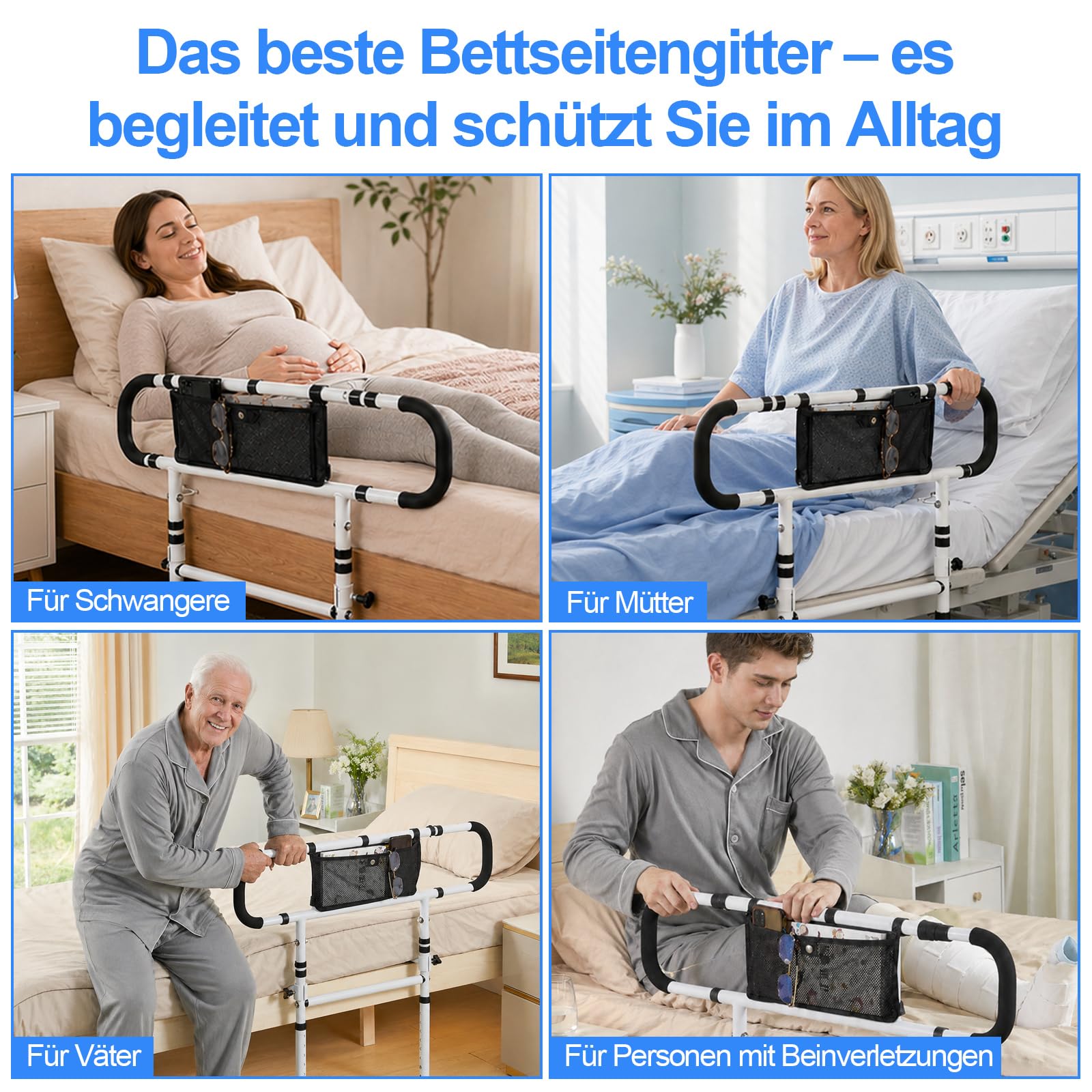 Barrera de cama para personas mayores, altura ajustable y plegable con asa, soporta hasta 180 kg, barrera de protección de cama para adultos, para todas las camas, color blanco