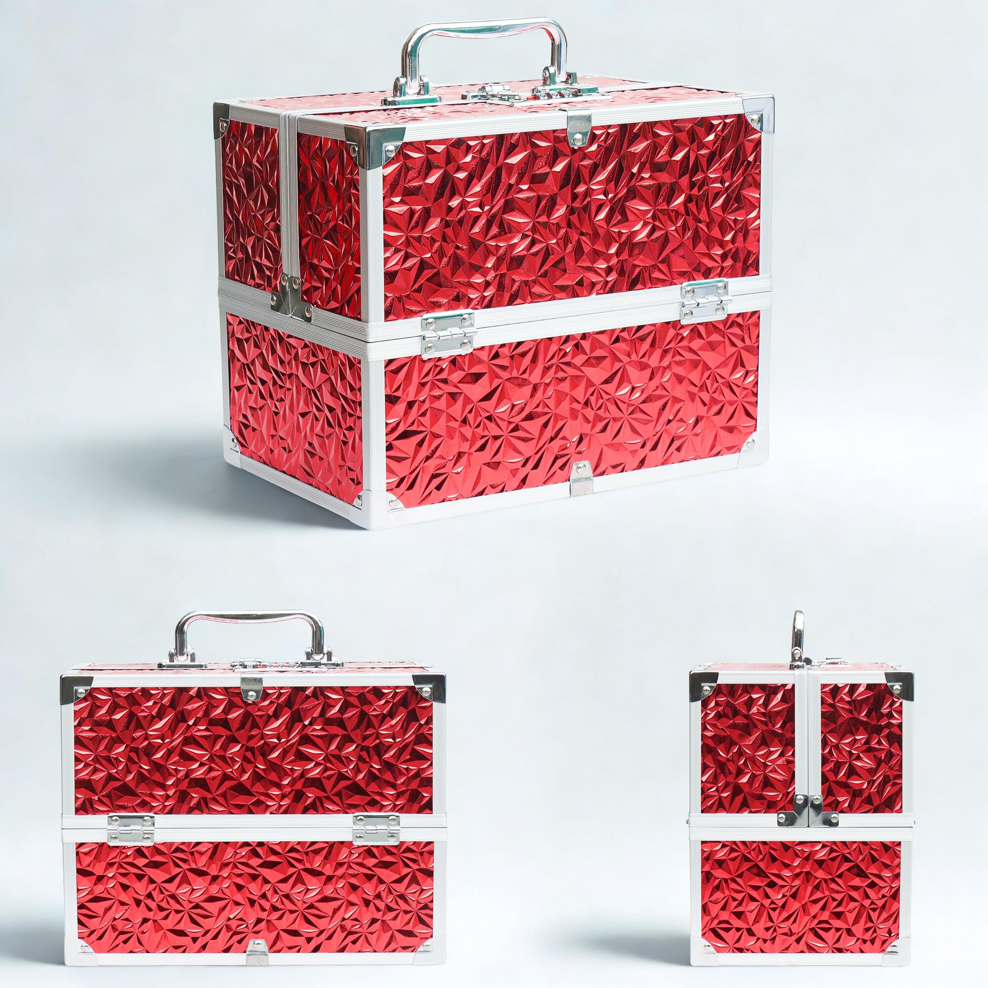 Adson Professional Makeup Box Cosmetics Case Jewelry Organiser Vanity Make Up Storage Box Beauty Train Case Lockable with Keys (Diamond Glow Red) - Image 2 thumbnail