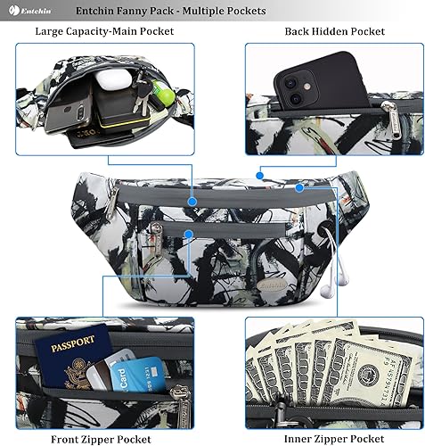 Miniatura 78 de Entchin Riñonera para mujeres y hombres, bolsa cruzada con 4 bolsillos con cremallera, bolsa de cintura ajustable, uno de los regalos esenciales