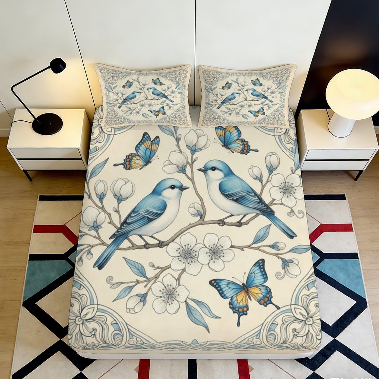 3D Printed Blue Bird Branch Fitted Sheet Microfiber Soft Bedroom Decor Butterfly Mattress Cover for Home Dorm 90x200x25cm