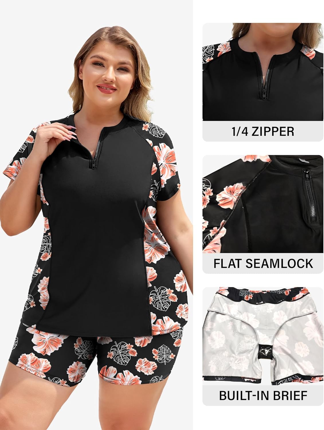 COOTRY Plus Size Two Piece Rash Guard Women Short Sleeve Bathing Suit Zip Up Swimsuit Built in Bra Swim Suit Swimwear Orange Floral 2XL - Image 3