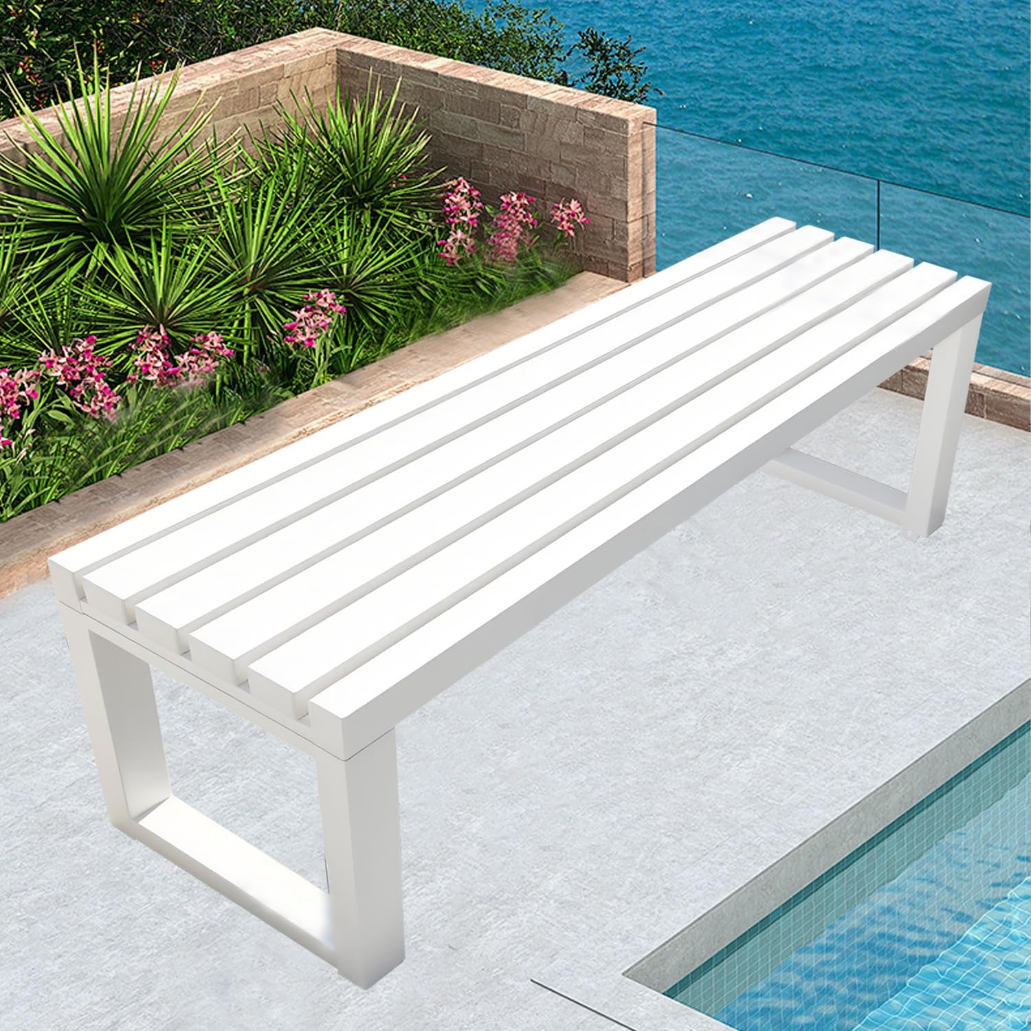 Banco de jardín de metal resistente a la intemperie de 5 pies, asiento de patio al aire libre sin respaldo para patio, parque, entrada y porche delantero, banco blanco versátil para uso en interiores