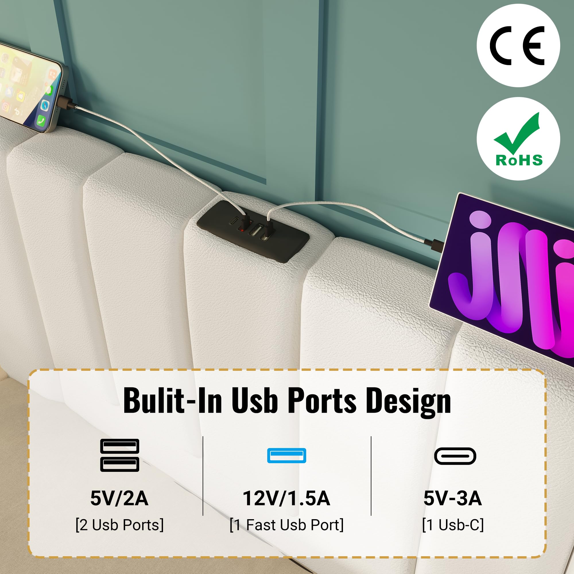 Lubvtti Cama de Matrimonio Con Control de Aplicación LED y Función de Carga USB-C, Almacenamiento de 180 x 200 cm, Estructura Con Cabecero de Gran Tamaño y Somier