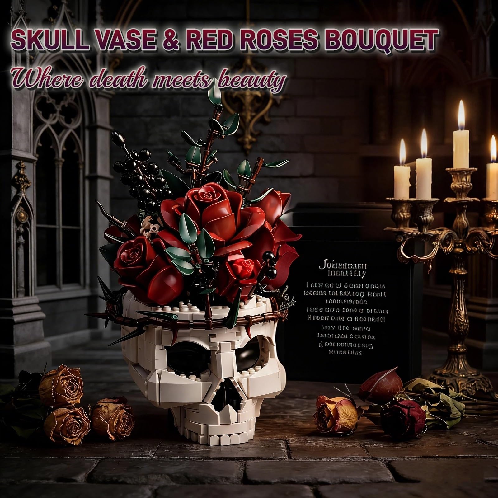 Goldlife Klemmbausteine Blumen – Rosen mit Totenkopf-Vase, Klemmbausteine Botanicals Blumenstrauß für Erwachsene, Gothic-Deko, Valentinstag, Geburtstag, Halloween, Weihnachten & Muttertag