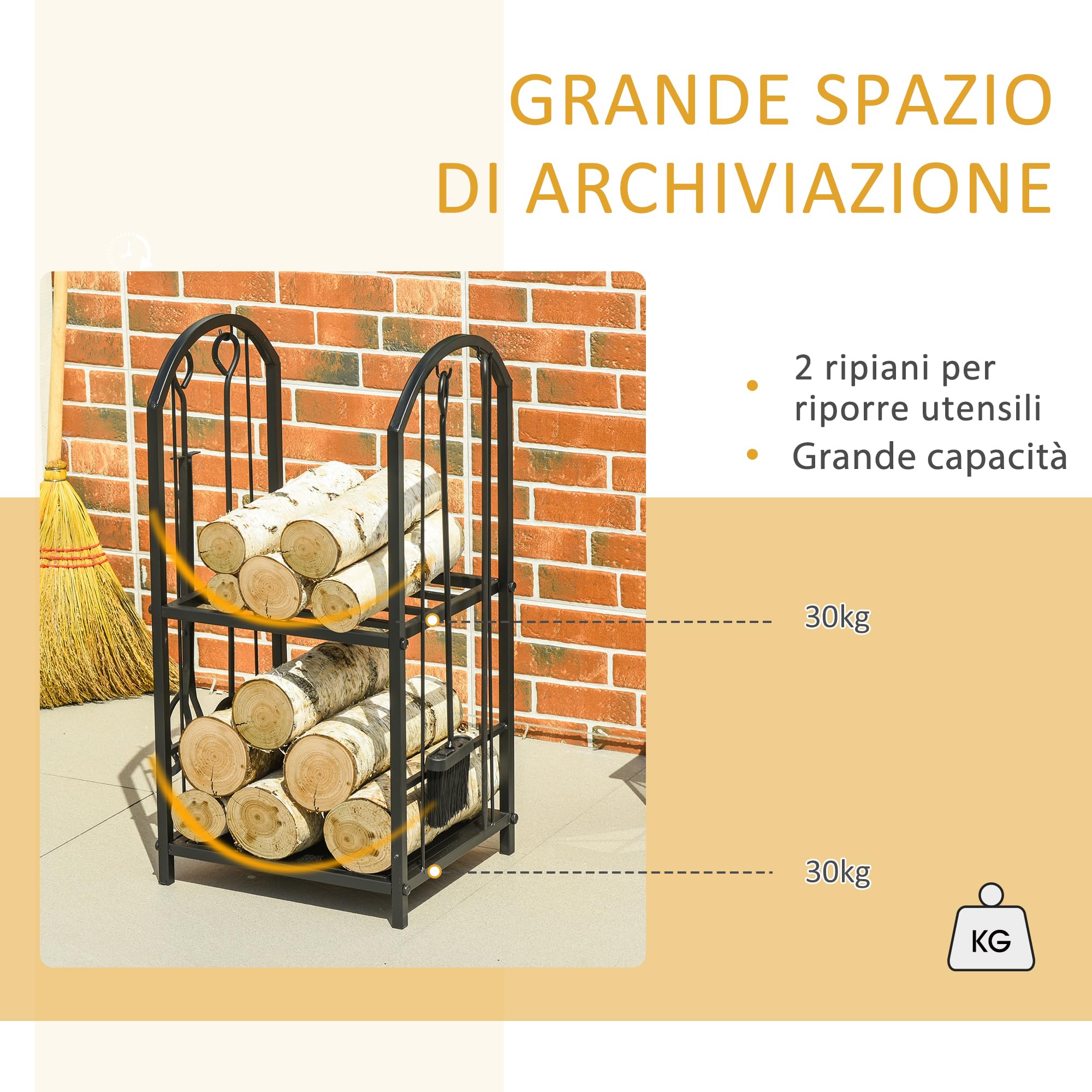 Outsunny Portalegna da Interno ed Esterno a 2 Ripiani in Metallo, Portalegna per Camino con Paletta, Scopa, Attizzatoio e Pinza, 41.5x32.5x74.5 cm, Nero