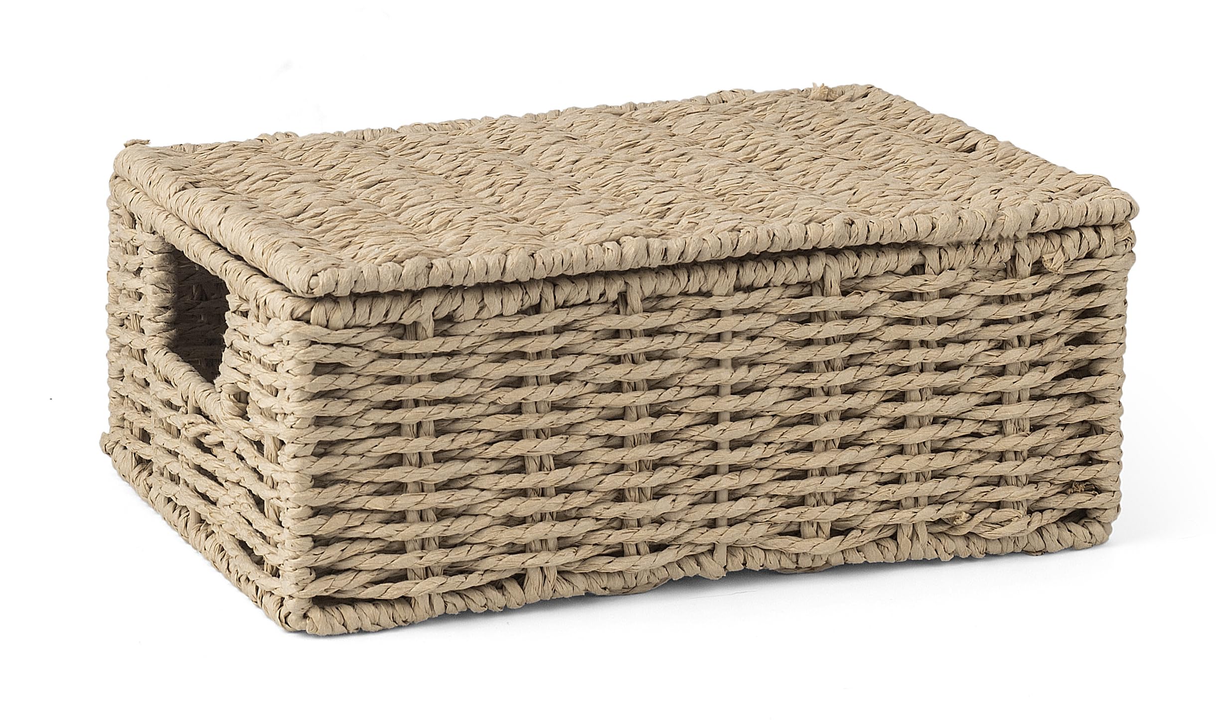 Woodluv Storage Boxes with Lid, Storage Baskets Woven | Baskets for Shelves, Hamper Basket, Khaki, Medium