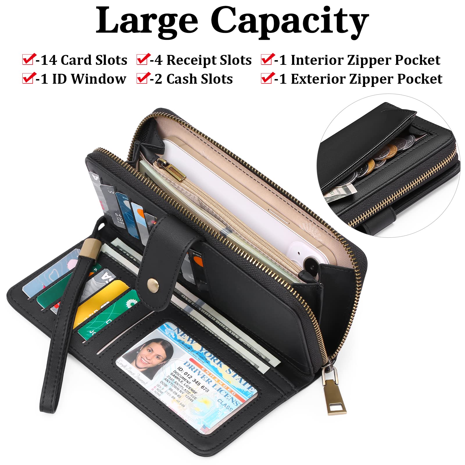 GAEKEAO Portefeuille Femme Cuir Synthétique, Grande capacité Porte Monnaie avec RFID Blocage, Porte-chéquiers Porte-Cartes pour 14 Cartes