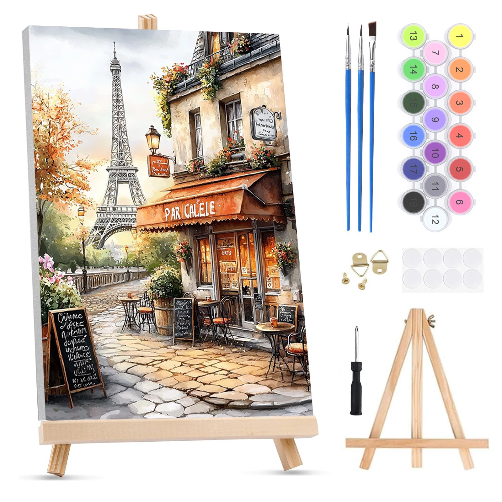 QENSPE Paint by Numbers for Adults on Framed Canvas - with Wooden Easel, Cafรฉ Painting by Number Kit for Beginners, DIY Eiffel Tower Acrylic Oil Painting for Home Wall Decor (8x12 inch)