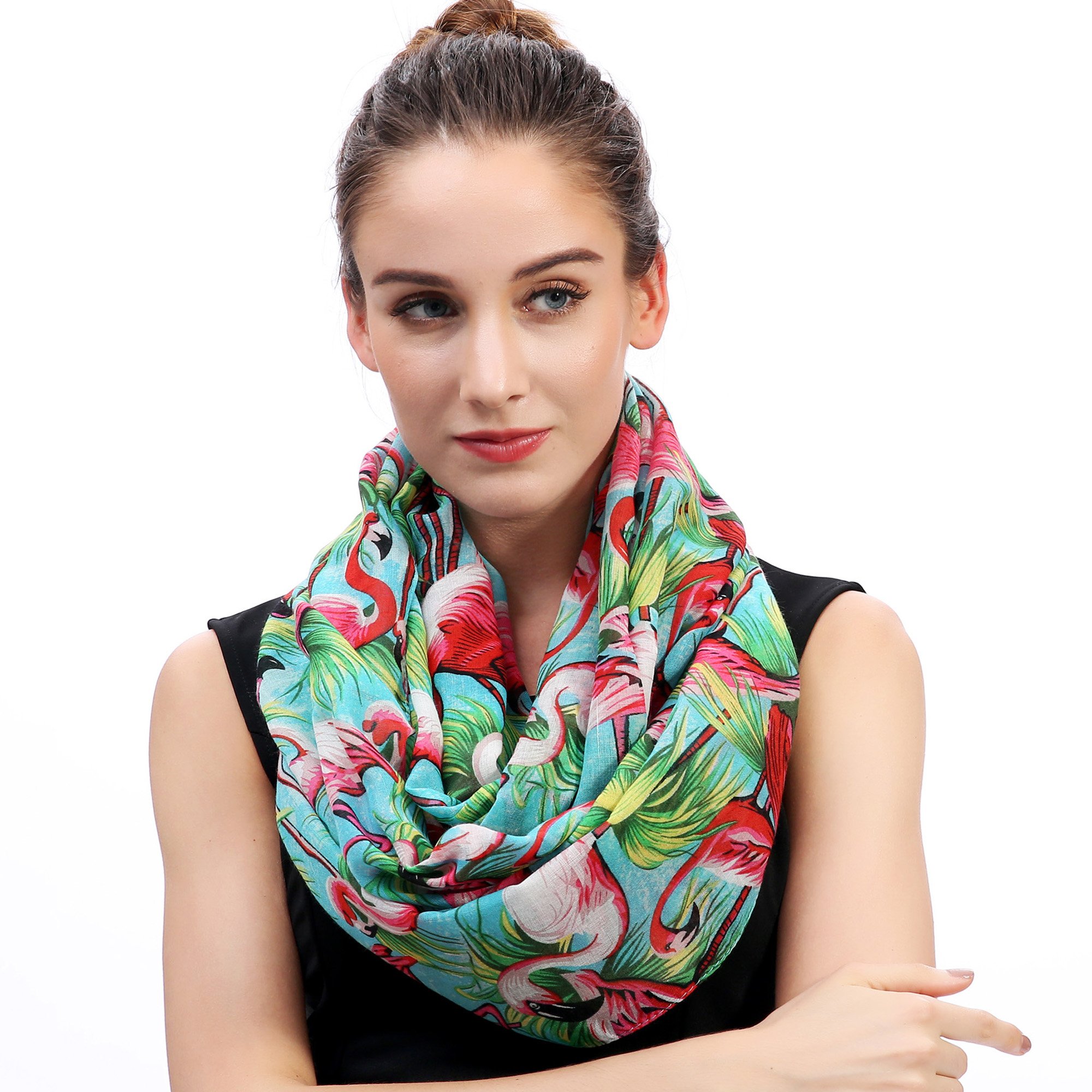 Lina & Lily Flamingo Print Lightweight Snood Scarf (Blue)