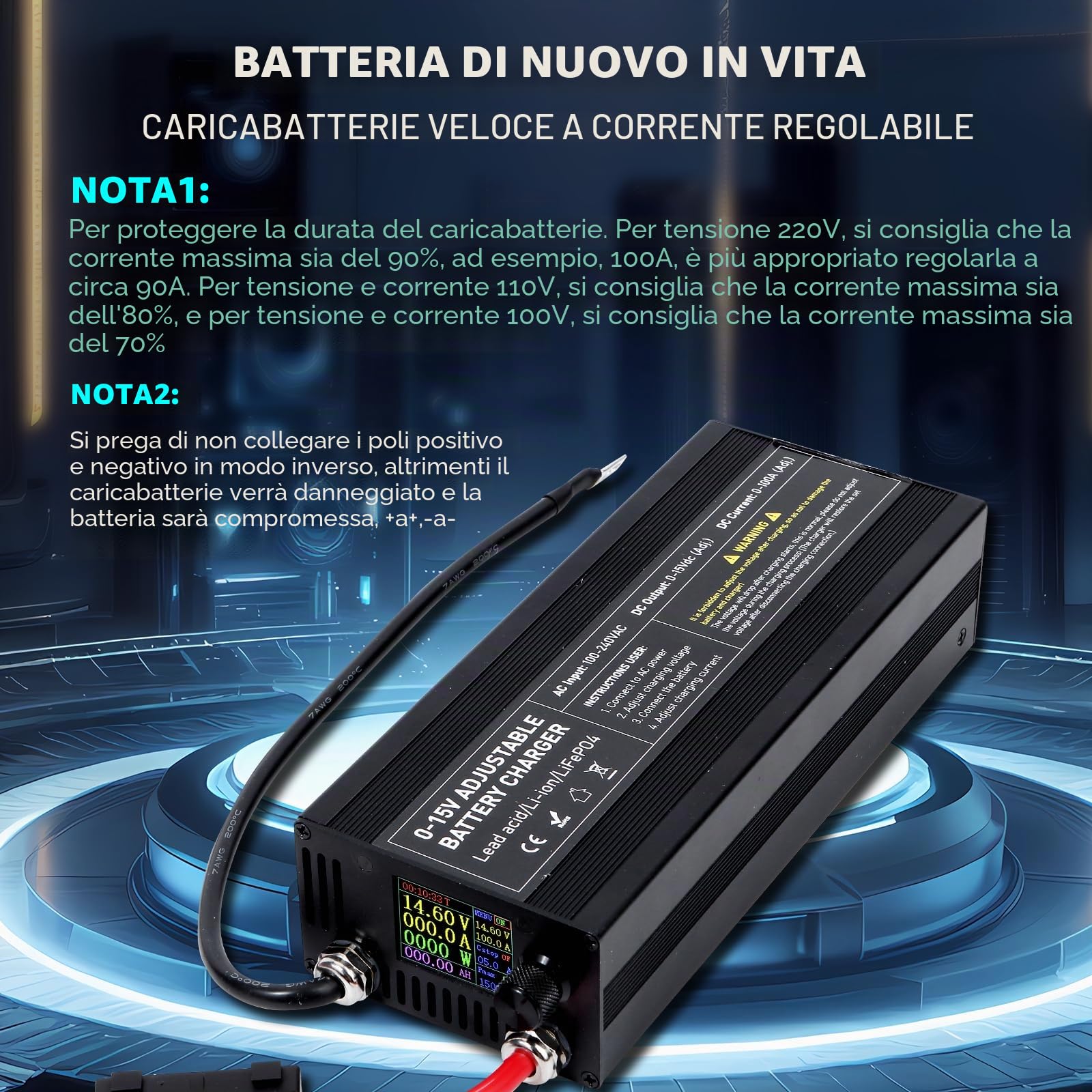 Caricabatterie LiFePO4 14.6V 100A con Display Intelligente, Regolabile 0-15V/0-100A, Protezione Inversione Polarità, Ricarica Rapida per Batterie Litio 12V/14V