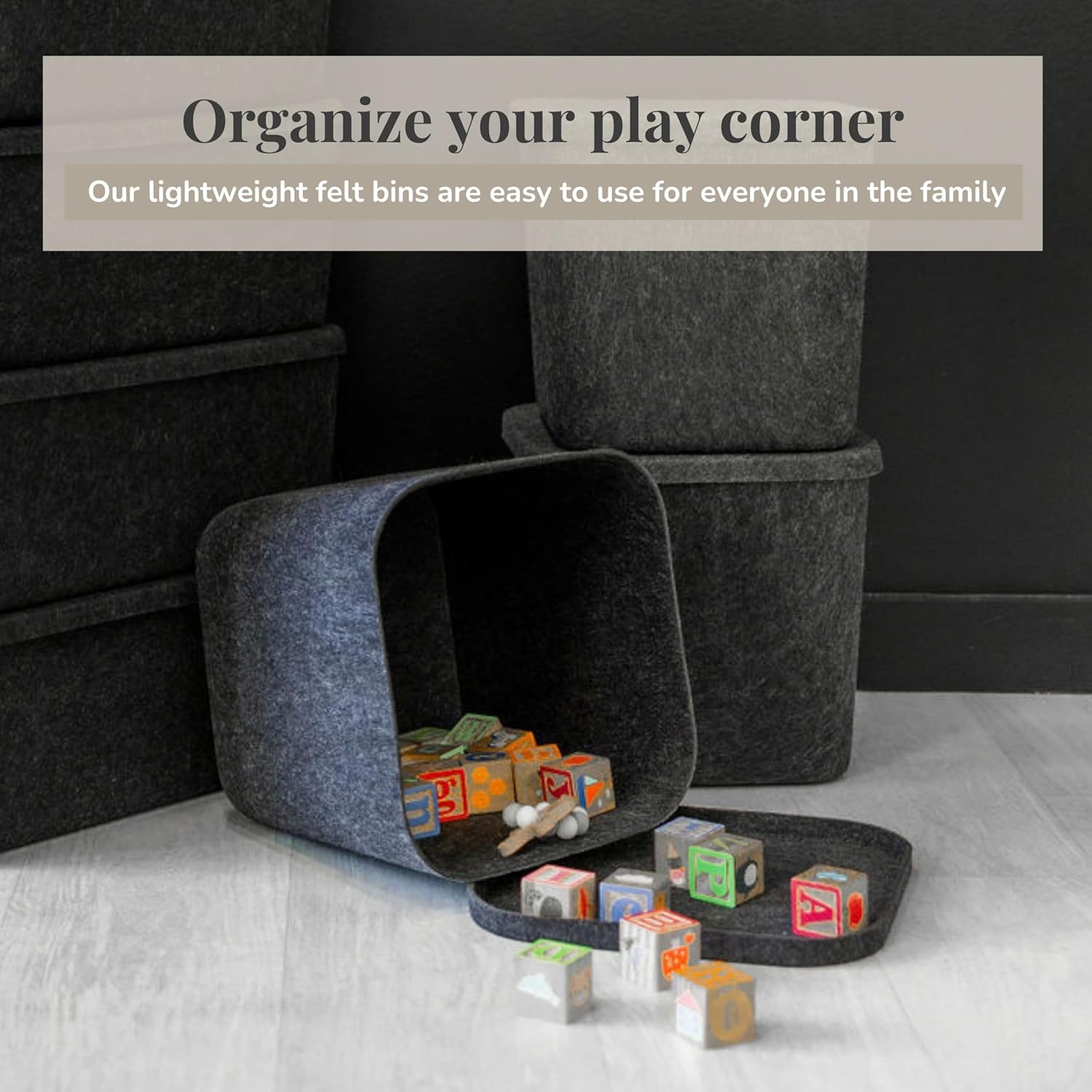 SortJoy The Original Sculpted Bins With Lids Set of 3 Storage Bin Felt Storage Basket Drawer Organizer Clothes Closet Cabinet Bathroom, Pantry, Kitchen 12.5" x 12.5" x 11.63" (Carbon, Dark Grey)