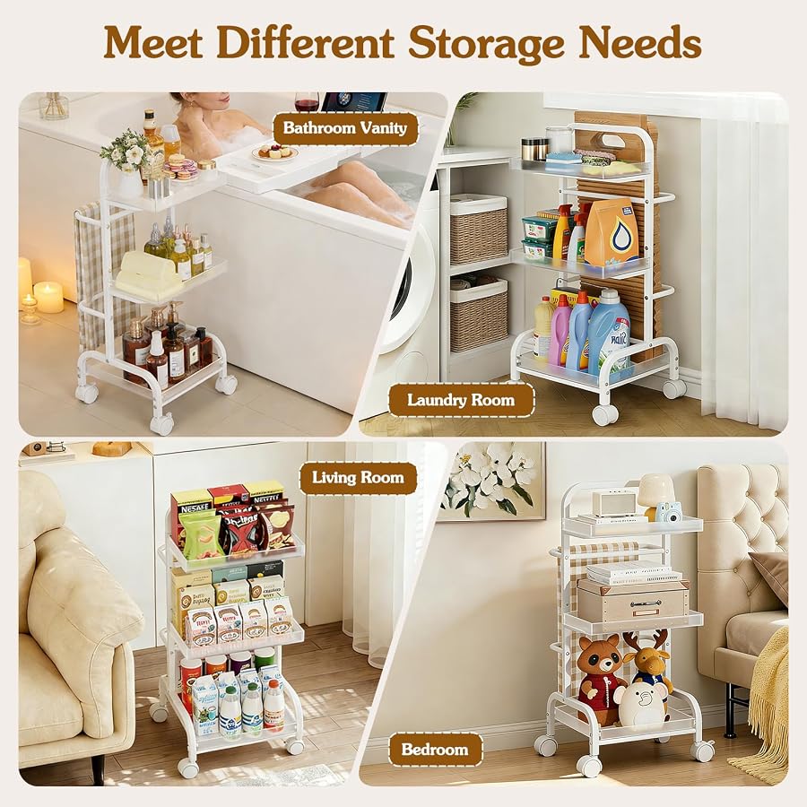 Bathroom Cart with Bathtub Tray Holder, Bathroom Organizers and Storage, Small Slim Shelf Organizer with Bath Tub Caddy Rack, 3 Tier Narrow Skinny Acrylic Rolling Cart for Laundry Room Living Room - image 8