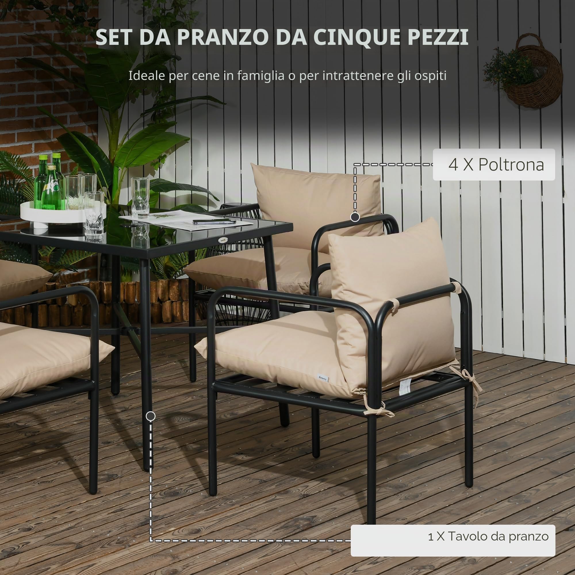 Outsunny Set da giardino in acciaio 5 pezzi con tavolo da pranzo quadrato
