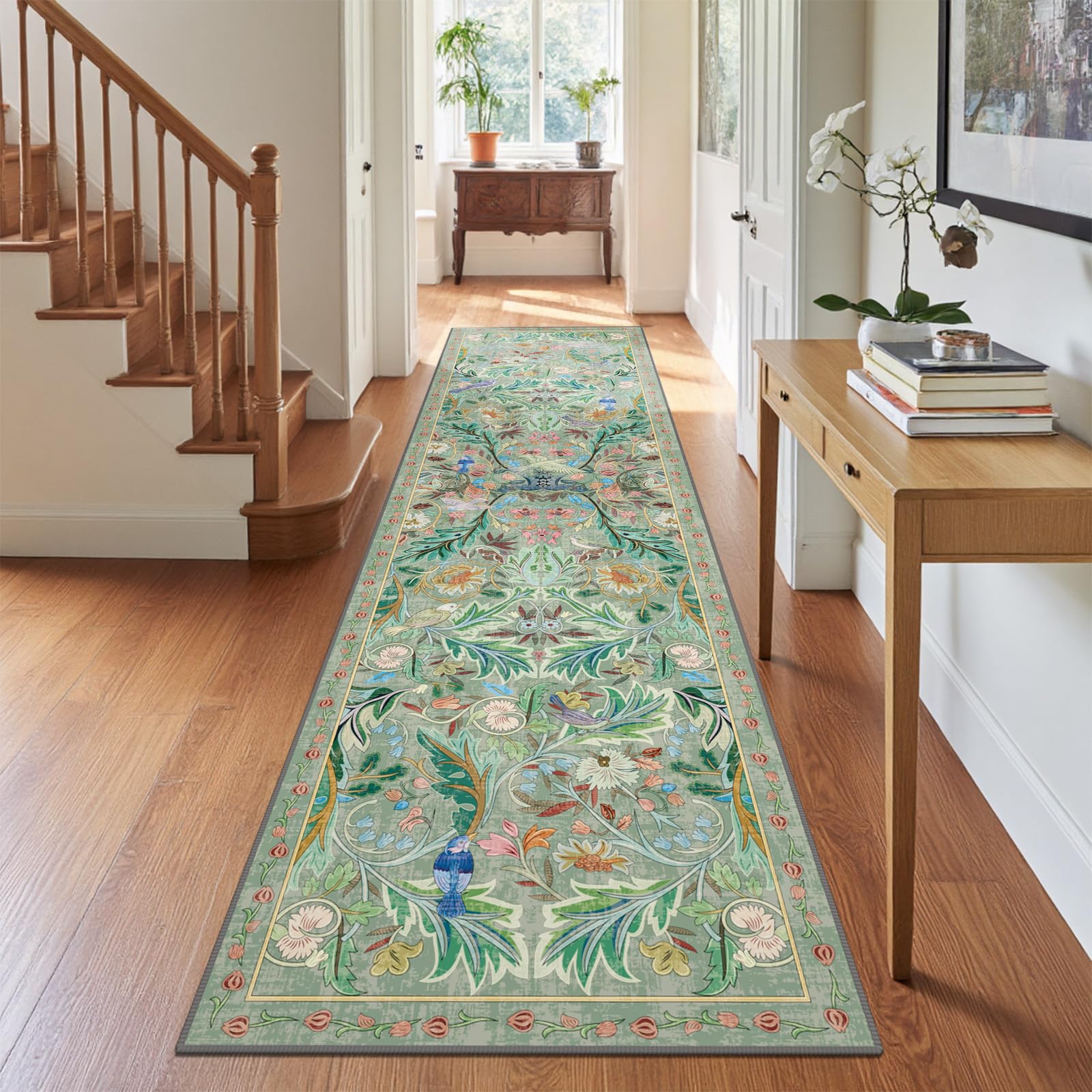 TUKDAK Green Runner Rugs for Hallway 80x300cm, Birds Kitchen Carpet Runner with Non-Slip Rubber Backing, Washable Long Hall Carpet Floor Mat for Entryway Bedroom Laundry Living Room Non Shedding