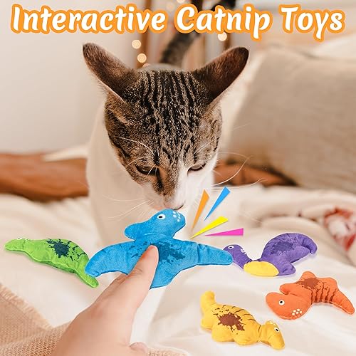 Miniatura 5 de Juguetes para gatos con hierba gatera, 5 juguetes de dinosaurio con hierba gatera para gatos, sonido arrugado de hierba gatera, suave y duradero,