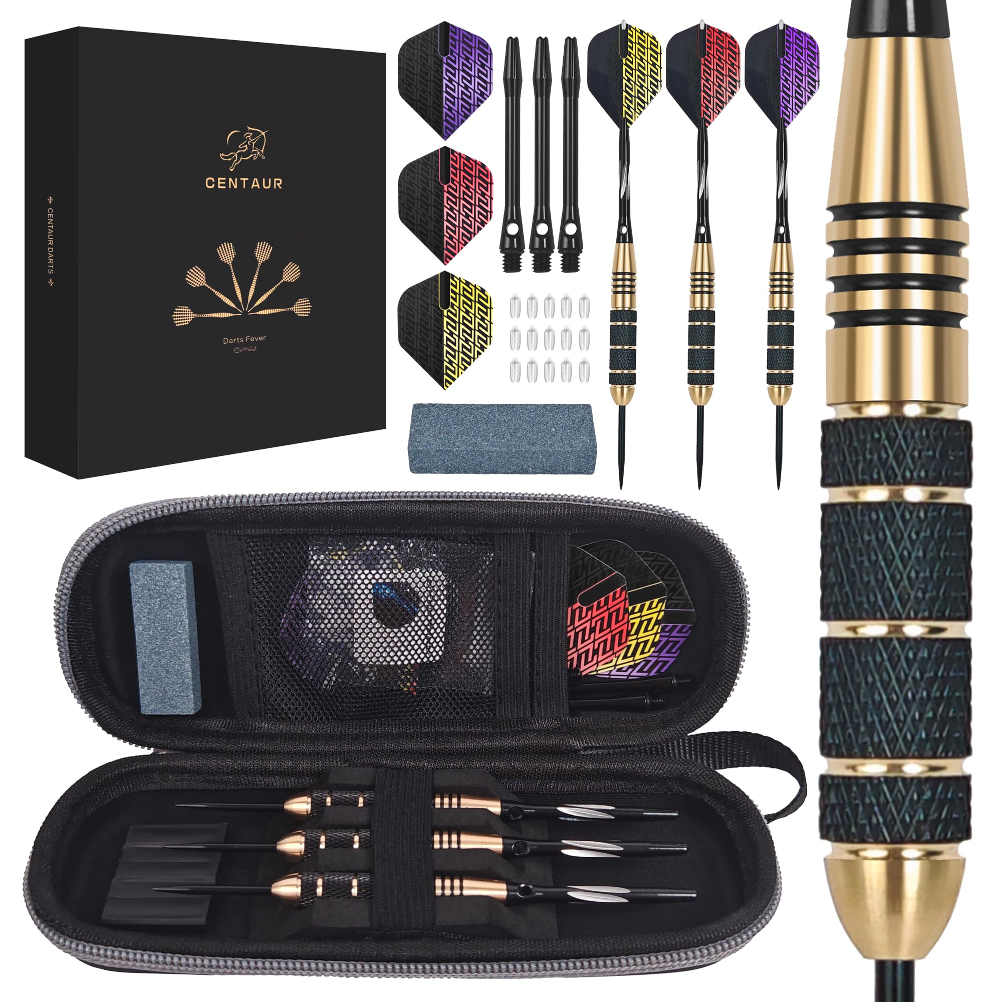 centaur Professional Steel Tip Darts Set - 23 Grams Brass Barrels with 6 Aluminum Shafts (2 Styles 48mm), 9 PET Flights (3 Colors) & Travel Case - Metal Darts Kit for Beginners and Professionals