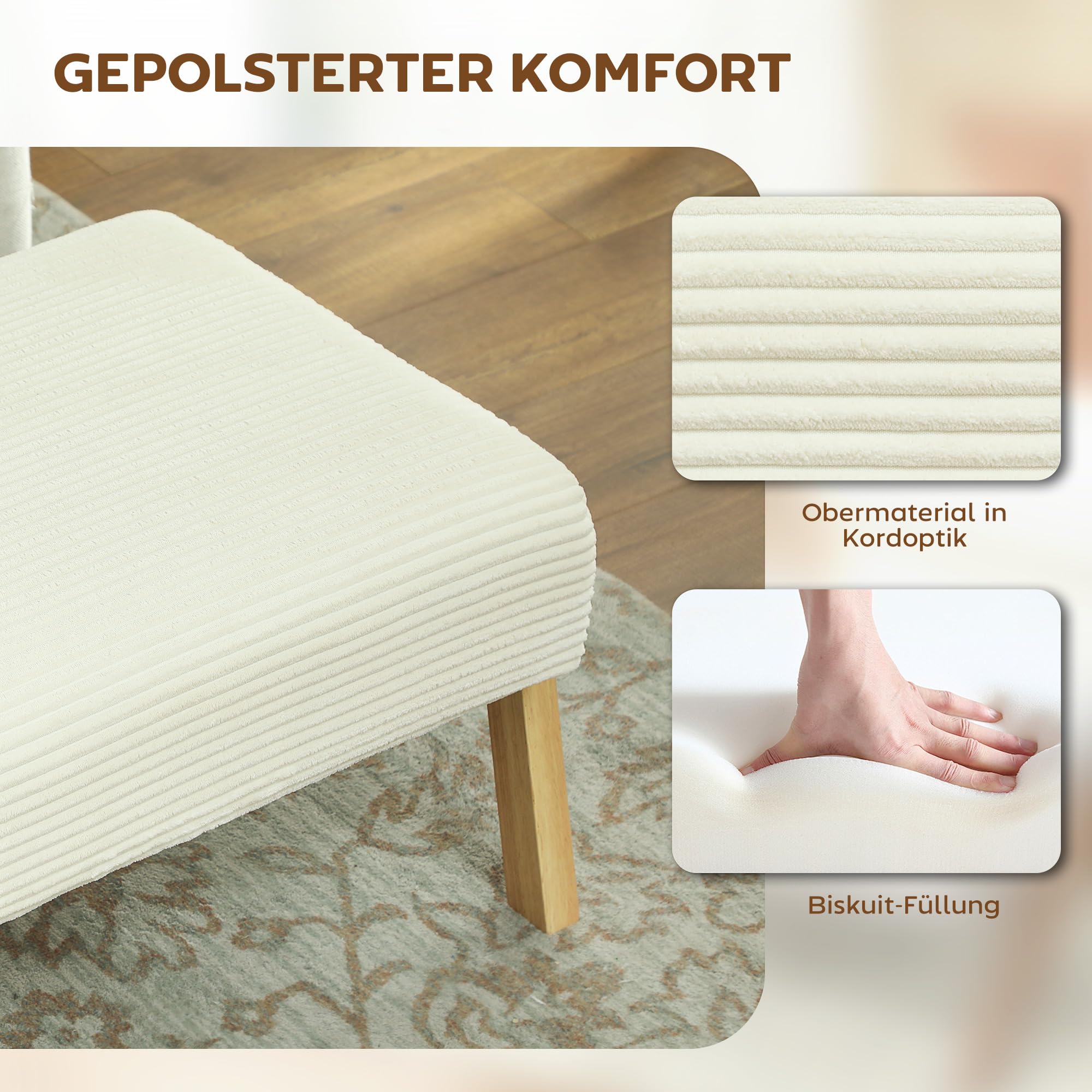 HOMCOM Sitzhocker mit Weichem Sitzkissen Holzbeinen Ottoman Cremeweiß
