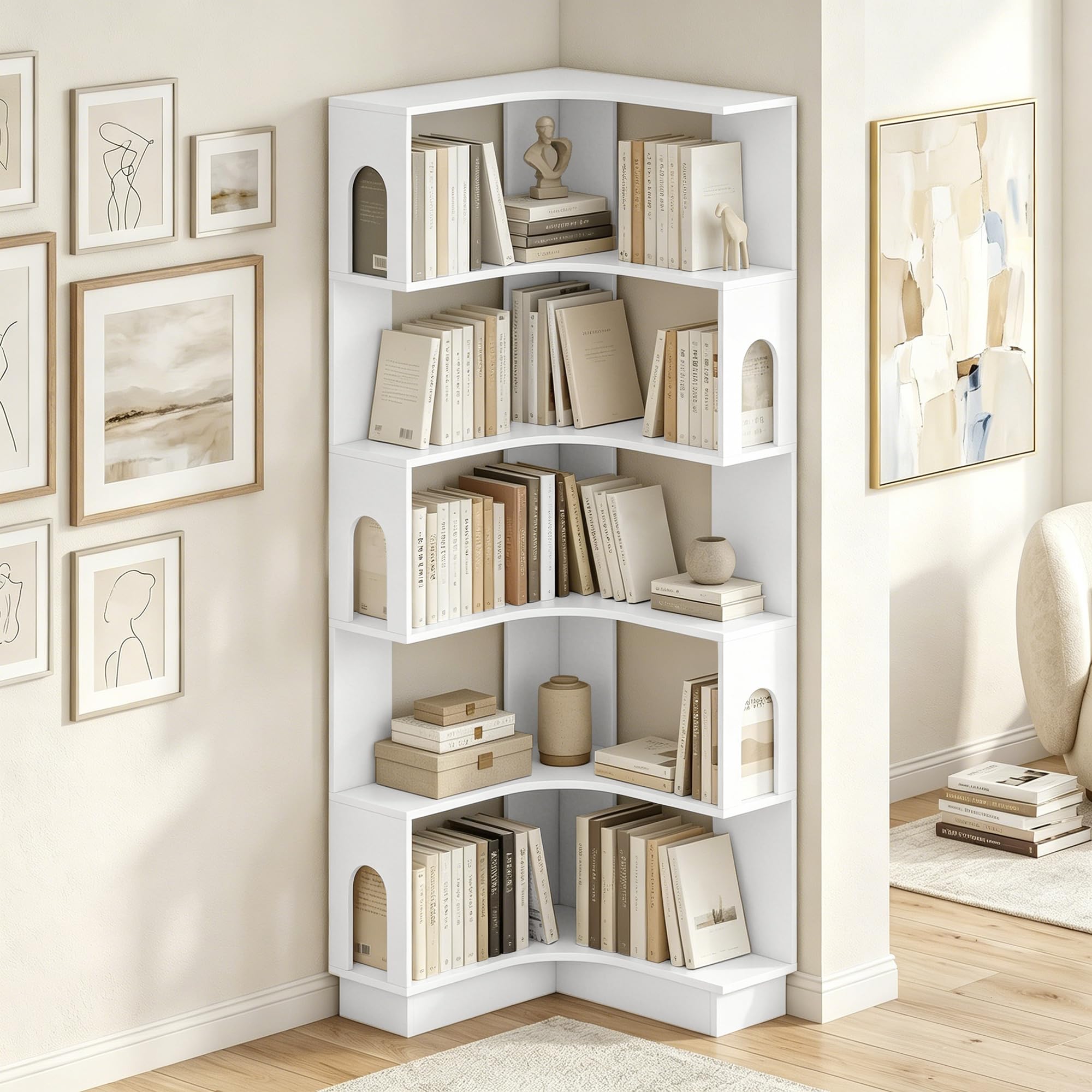 HOMCOM Bibliothèque d'angle, étagère de Rangement à 6 Niveaux avec Panneaux latéraux arqués, Style Moderne, Meuble de Rangement pour Bureau, Salon, Chambre, 60 x 60 x 165,5 cm, Blanc