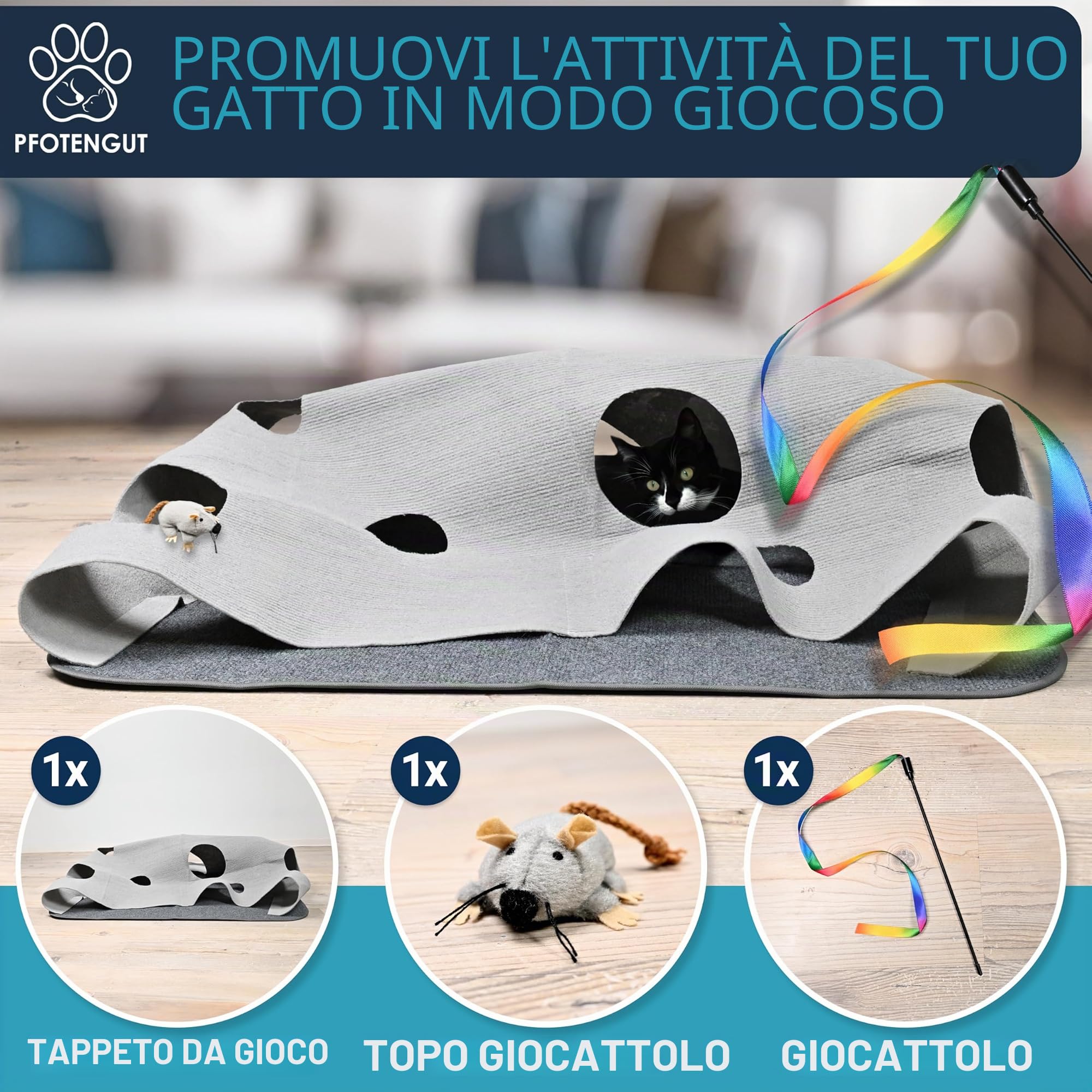 Tappeto per gatti [100 x 100 cm) – Tappetino da gioco interattivo in feltro con forme individuali per l'occupazione del tuo gatto – con accessori per giocattoli [adatto a tutti i gatti]