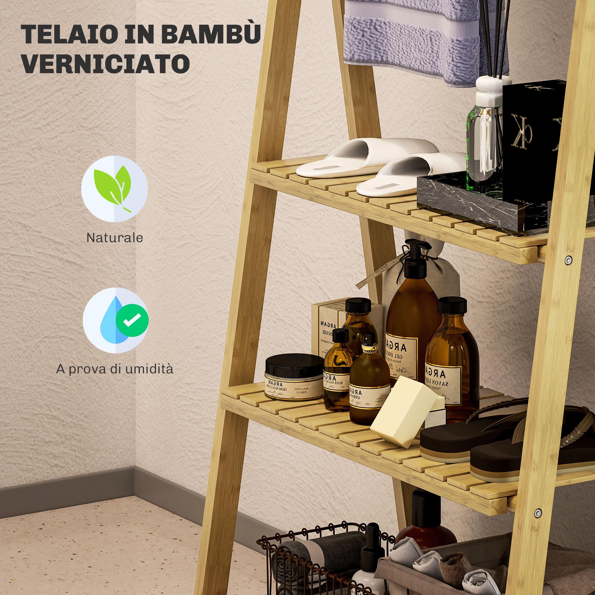 HOMCOM Scaffale Bagno con Porta Asciugamani, Mobile Bagno a 3 Ripiani con 3 Barre Portasciugamani Autoportante e Pieghevole, Legno di Bambù