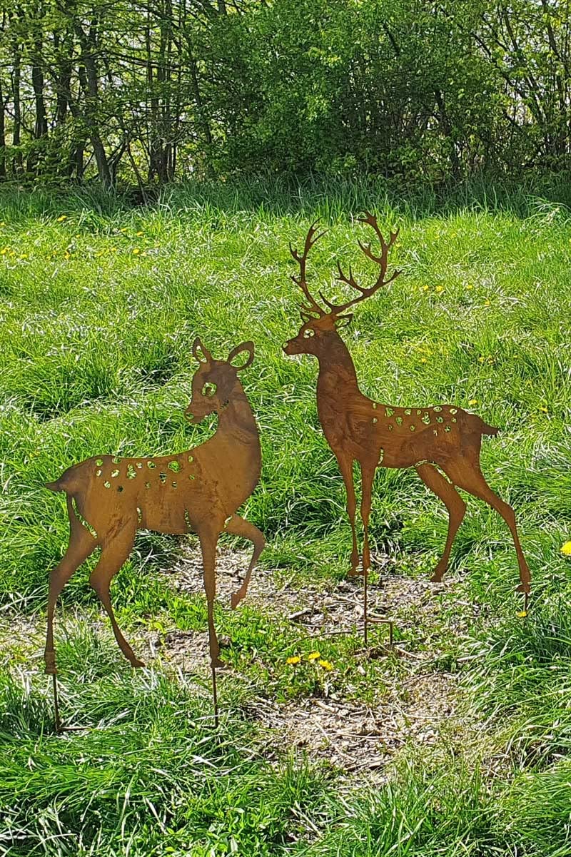 KUHEIGA 2er Set Gartenstecker REH + Hirsch Tier Metall Rost Höhe: 82, 100cm Gartenfigur Gartendeko