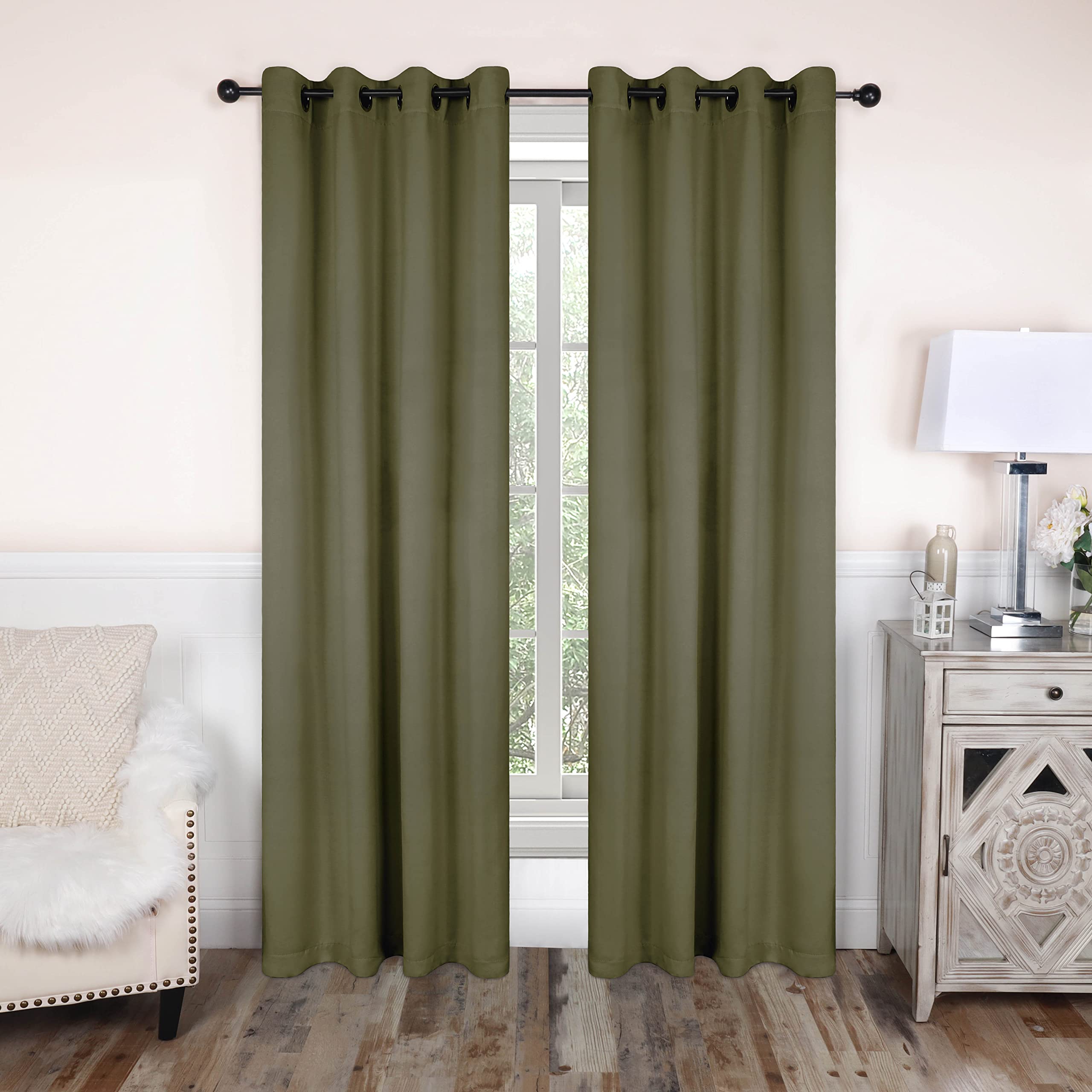 Superior Blackout Curtains, Room Darkening Window Accent for Bedroom, Sun Blocking, Thermal, Modern Bohemian Curtains, Leaves Collection, Set of 2 Panels, 8 Grommets, 52" x 108", Olive Green