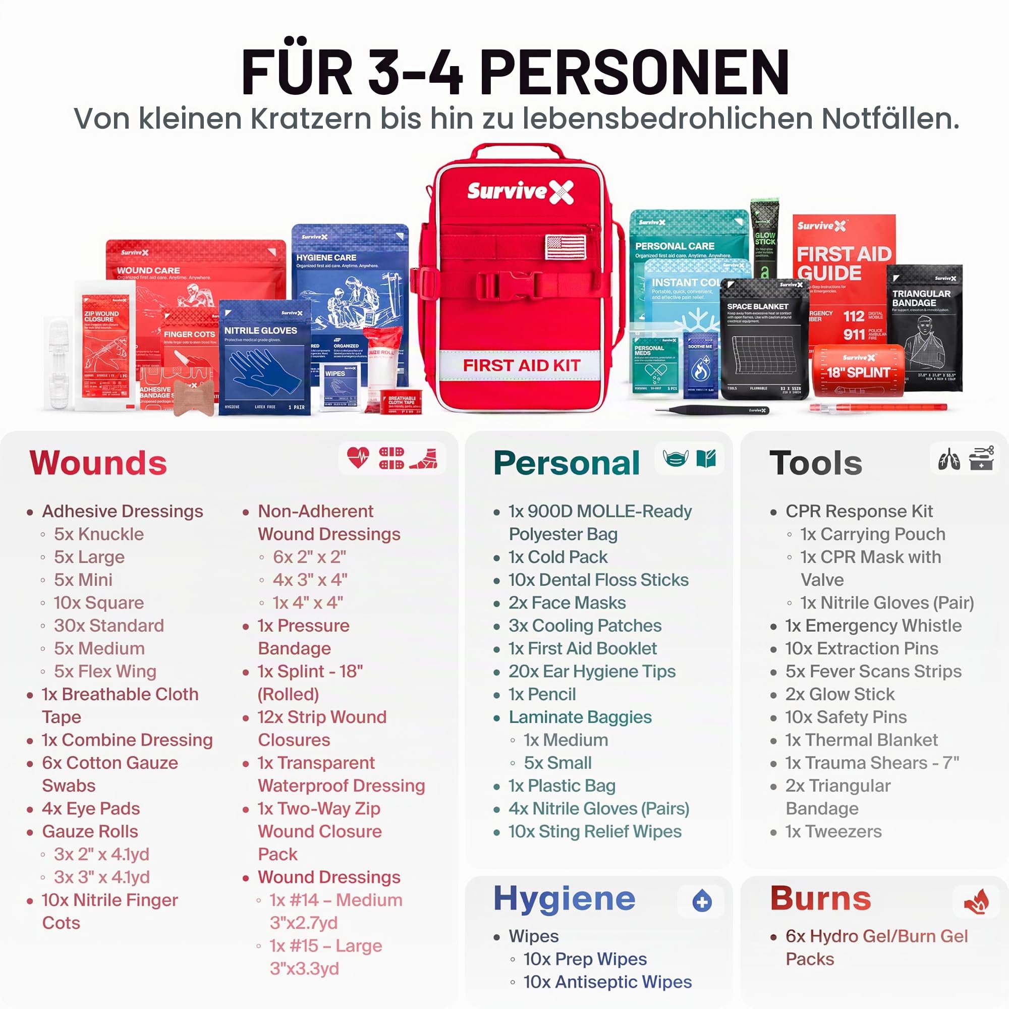 SurviveX Großes Erste-Hilfe-Set für Auto, Reisen & Zuhause – Notfall-Set für Wandern, Camping, Rucksackreisen und Outdoor – inklusive Reißverschluss-Stich-Wundverschlussstreifen