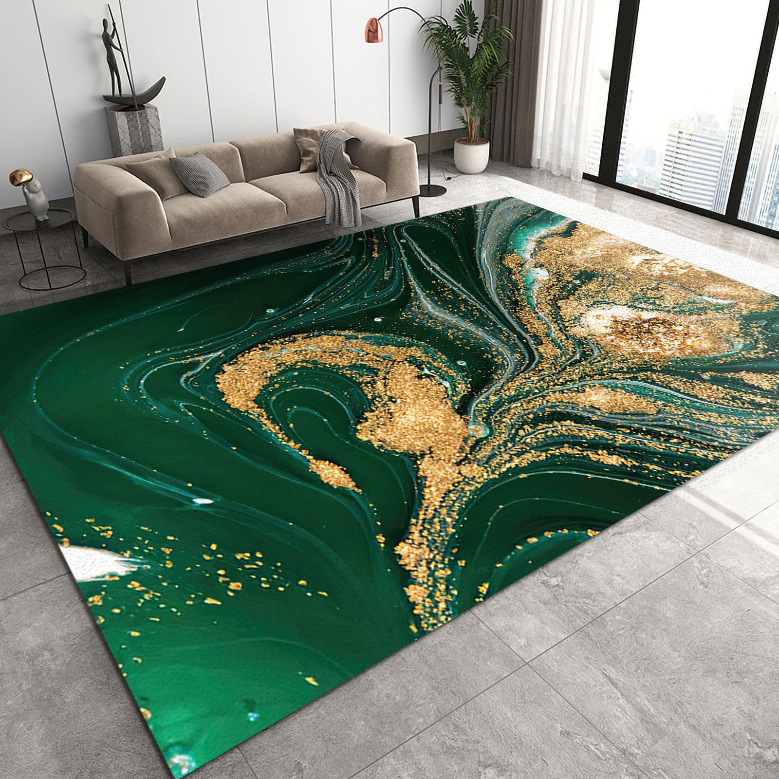 Emerald Gold Marble Texture Living Room Rugs, Retro Abstract Vortex Light Luxury Home Carpet, Washable Carpet Soft Durable Non-Slip for Office Hallway